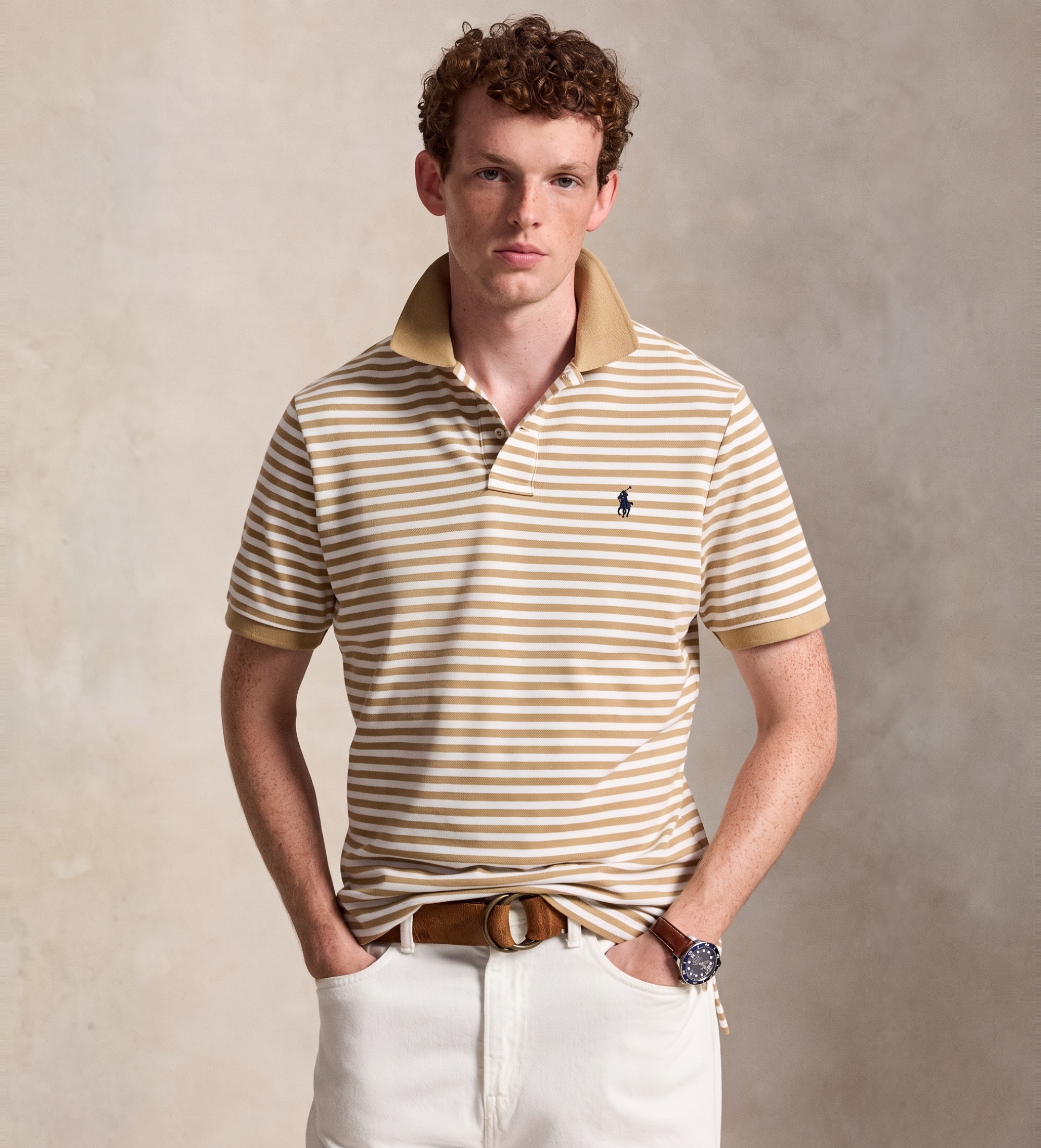 Polo Ralph Lauren für Herren. 710956682506 Beige gestreiftes Polo (L), Lässig, Baumwolle, Langarm