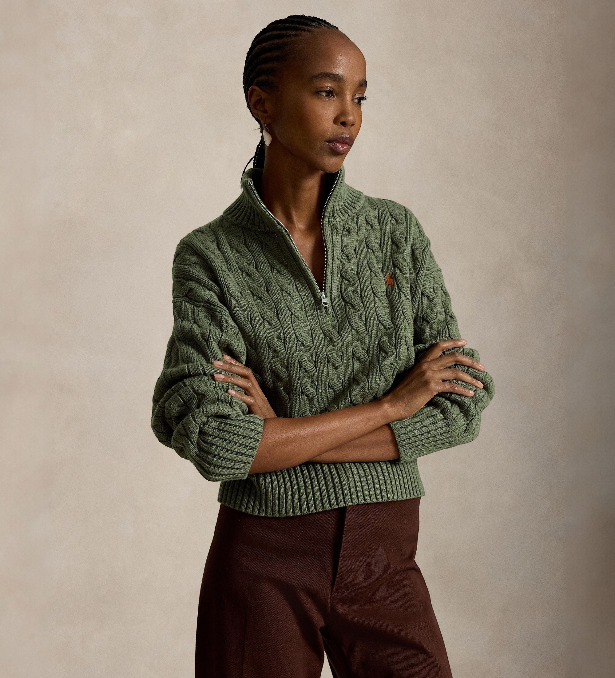 Polo Ralph Lauren für Damen. 211963467508 Grüner Pullover aus Baumwolle mit Zopfmuster (S), Lässig