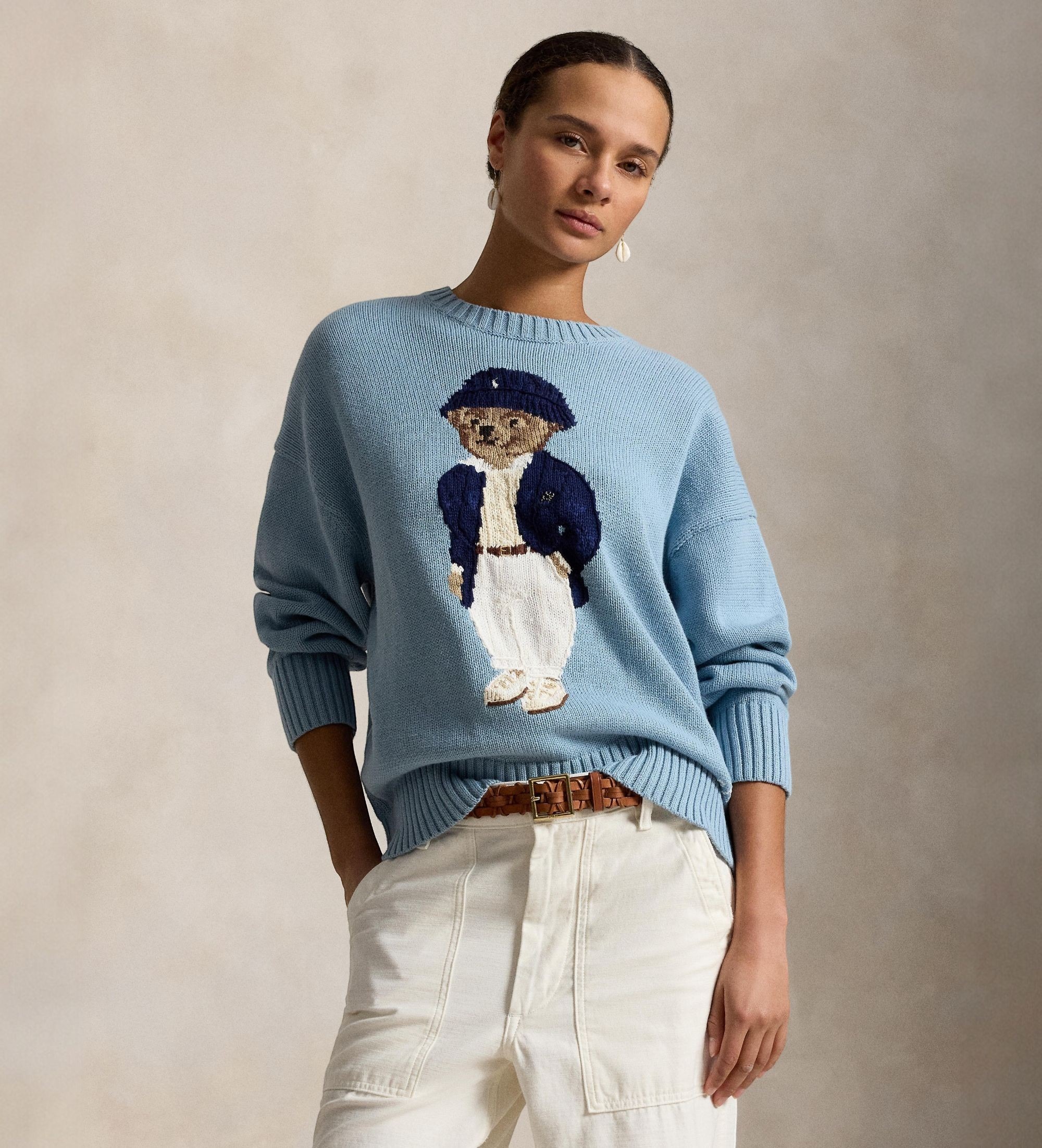 Polo Ralph Lauren für Damen. 211B17743001 Oversize-Baumwollpullover mit blauem Polo Bear (M), Lässig, Baumwolle, Langarm