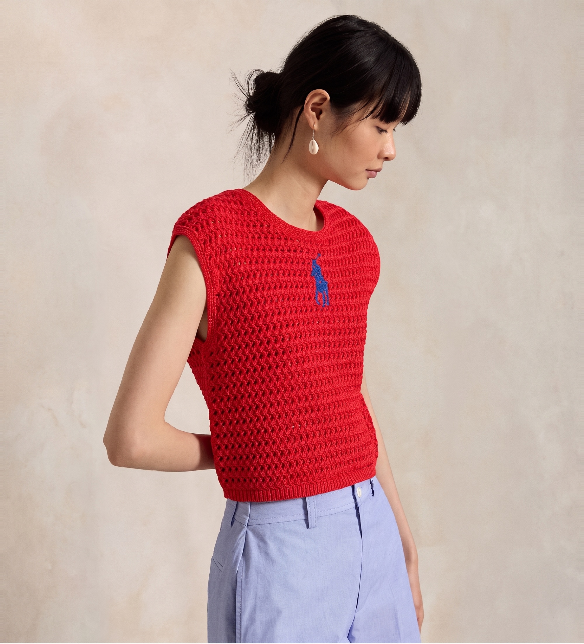 Polo Ralph Lauren für Damen. 211A12704001 Häkel-Pullover aus Baumwolle mit rotem Big Pony (M), Lässig, Ärmellos / Hosenträger