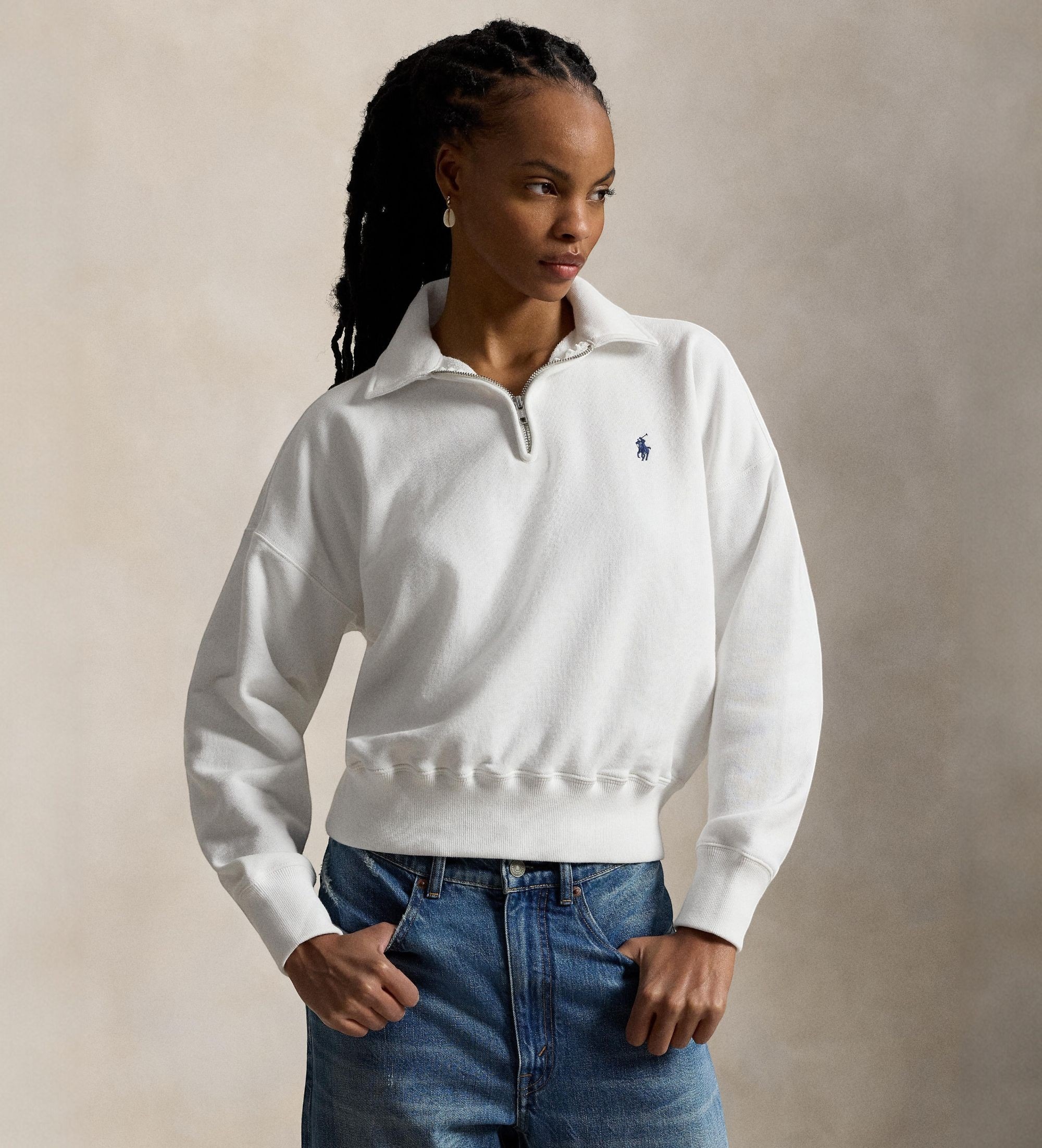 Polo Ralph Lauren für Damen. 211B18686001 Leichtes Fleece-Sweatshirt mit Reißverschluss weiß (M), Lässig, Baumwolle