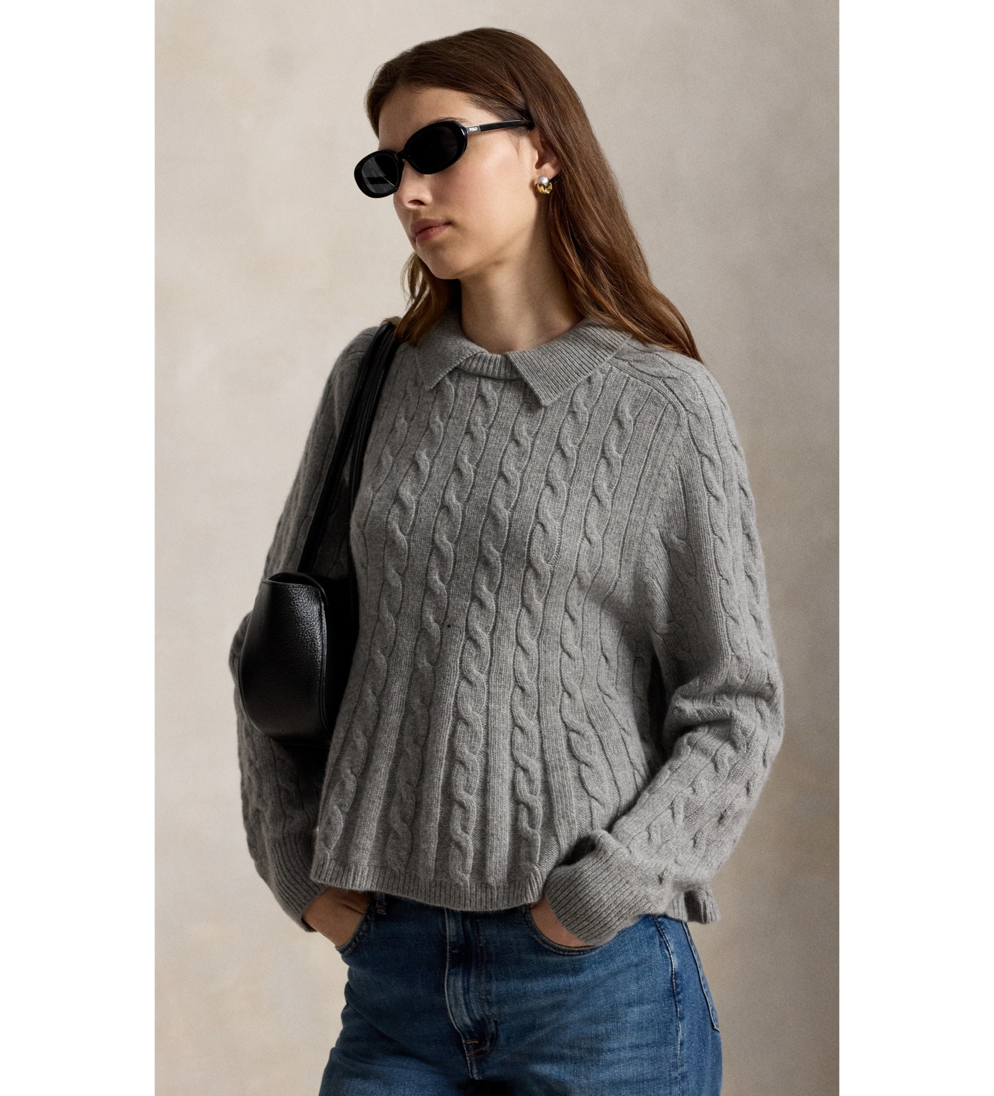 Polo Ralph Lauren für Damen. 211B17744003 Grauer Pullover aus Wolle und Kaschmir mit Schößchen (M), Lässig, Langarm