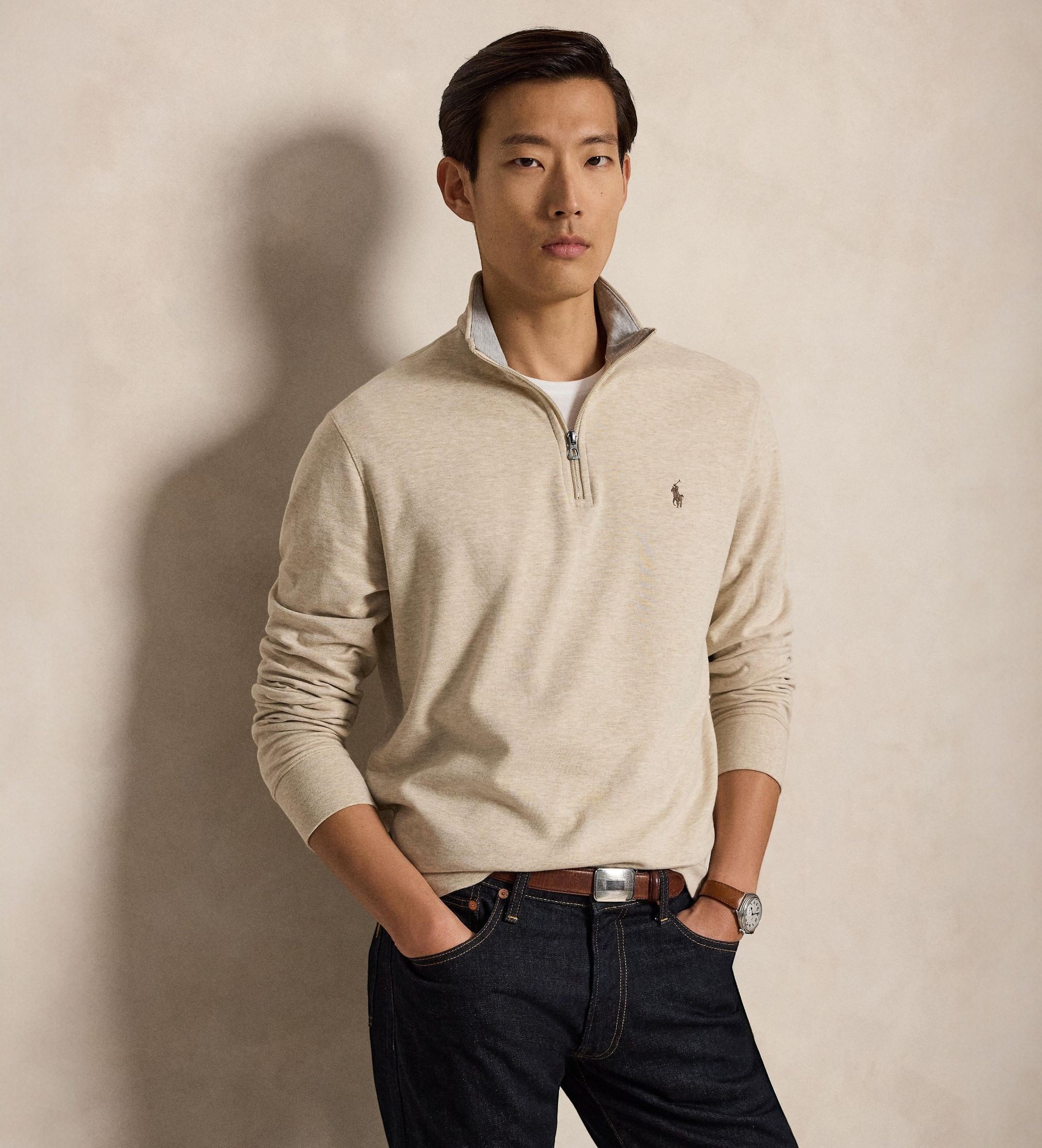 Polo Ralph Lauren für Herren. 710812963017 Ultraweicher Strickpulli mit beigem Reißverschluss (M), Lässig, Baumwolle