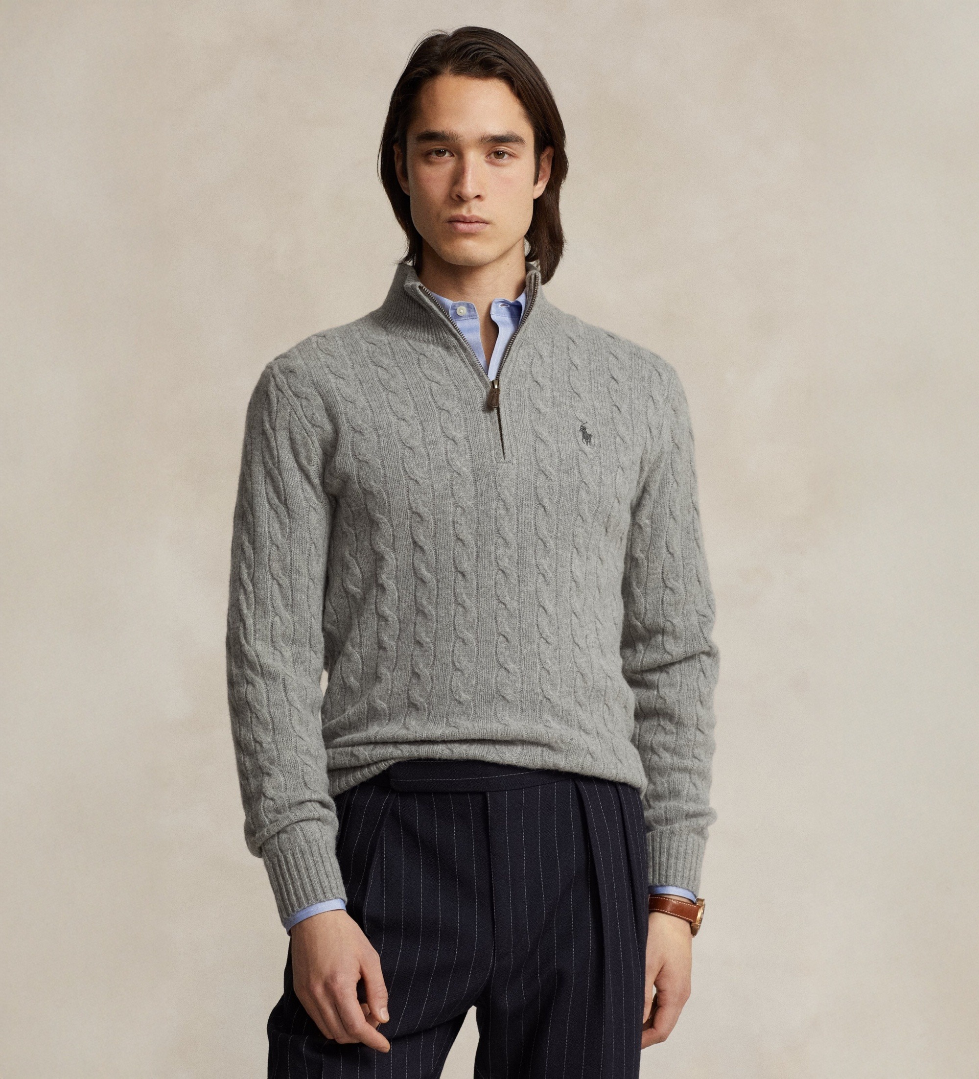 Polo Ralph Laurenvoor mannen. 710876766008 Grijze gebreide trui met grijze ritssluiting (M), Casual, Grijs, Wol
