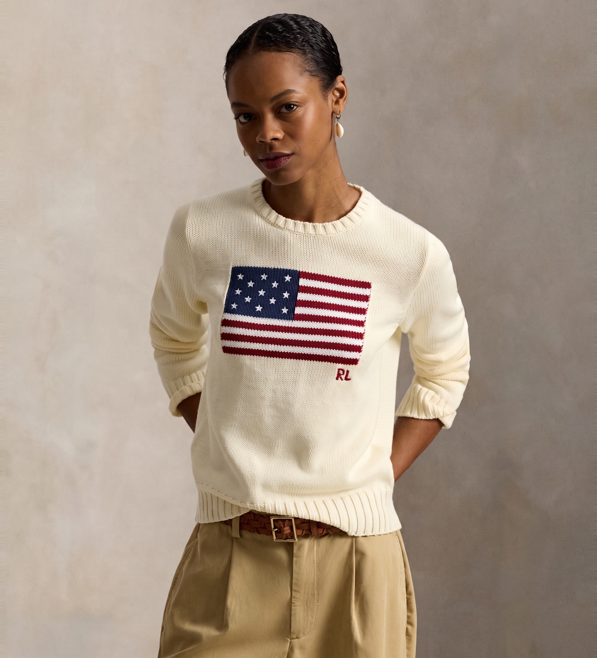 Polo Ralph Lauren für Damen. 211896939002 Flaggen-Pullover aus beiger Baumwolle (L), Lässig, Langarm