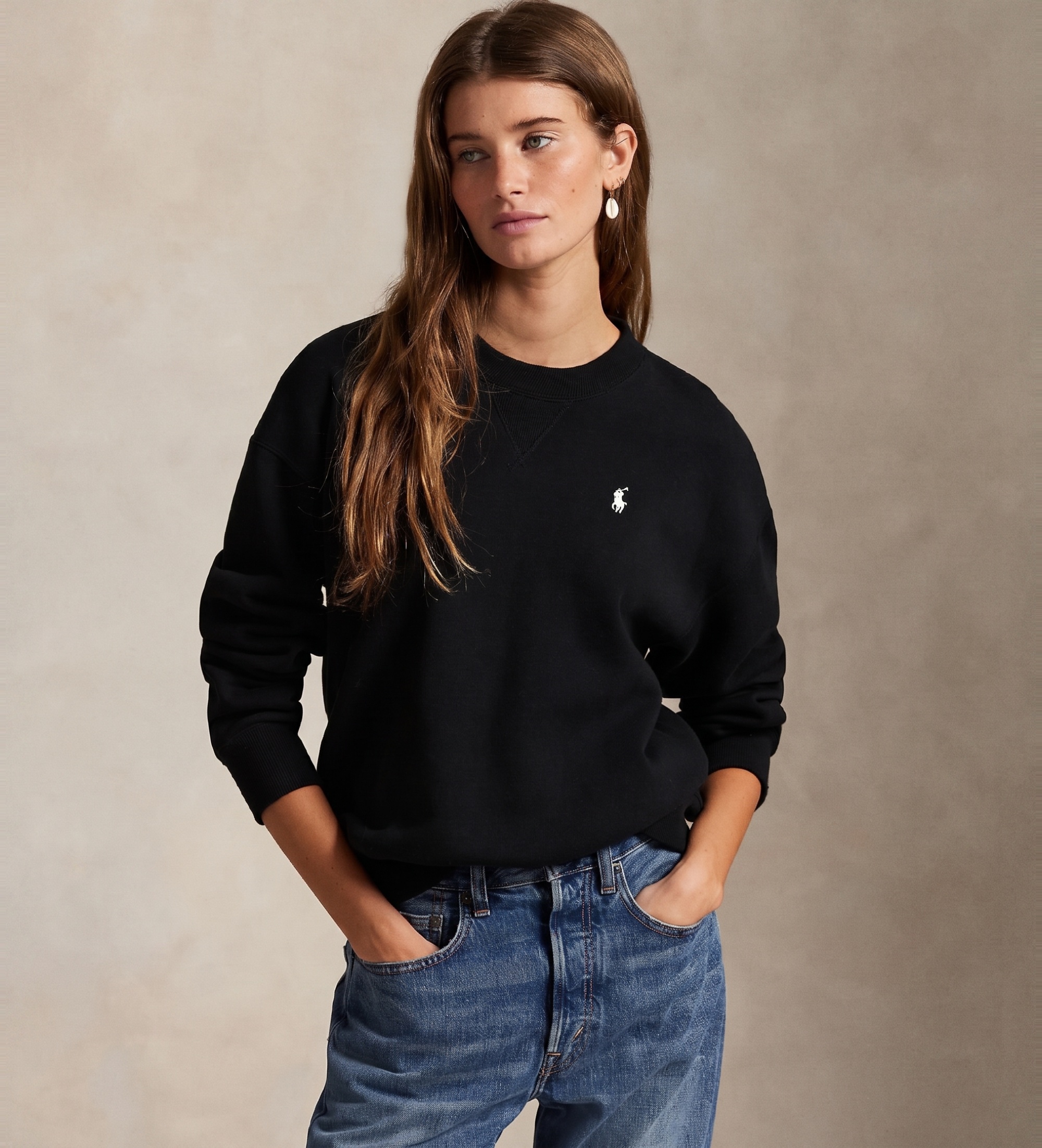 Polo Ralph Lauren für Damen. 211971697003 Fleece-Sweatshirt mit Rundkragen schwarz (L), Lässig, Baumwolle