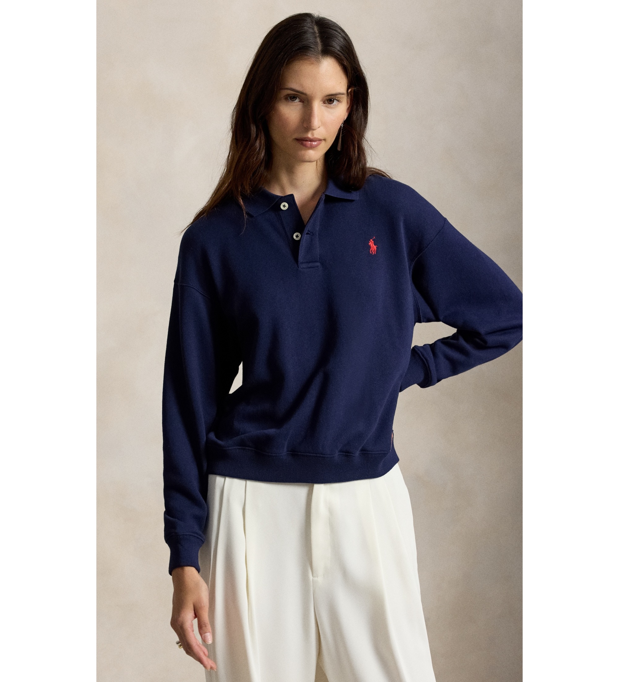 Polo Ralph Lauren für Damen. 211965097005 Polo-Pullover aus leichtem Fleece in Marineblau (M), Lässig, Baumwolle, Langarm