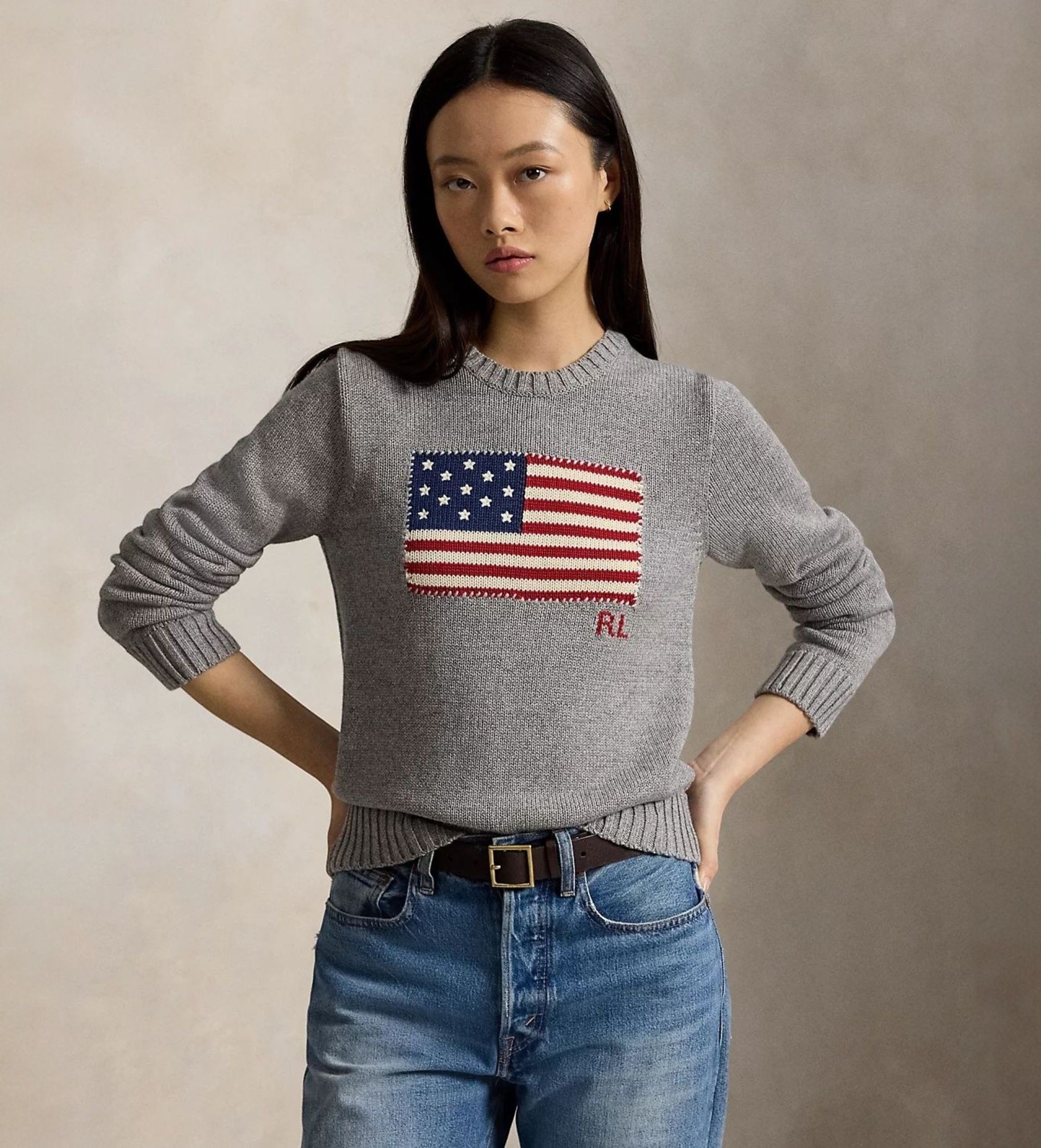 Polo Ralph Lauren für Damen. 211B28830002 Grauer Pullover aus Baumwolle mit Rundhalsausschnitt (S), Lässig, Langarm