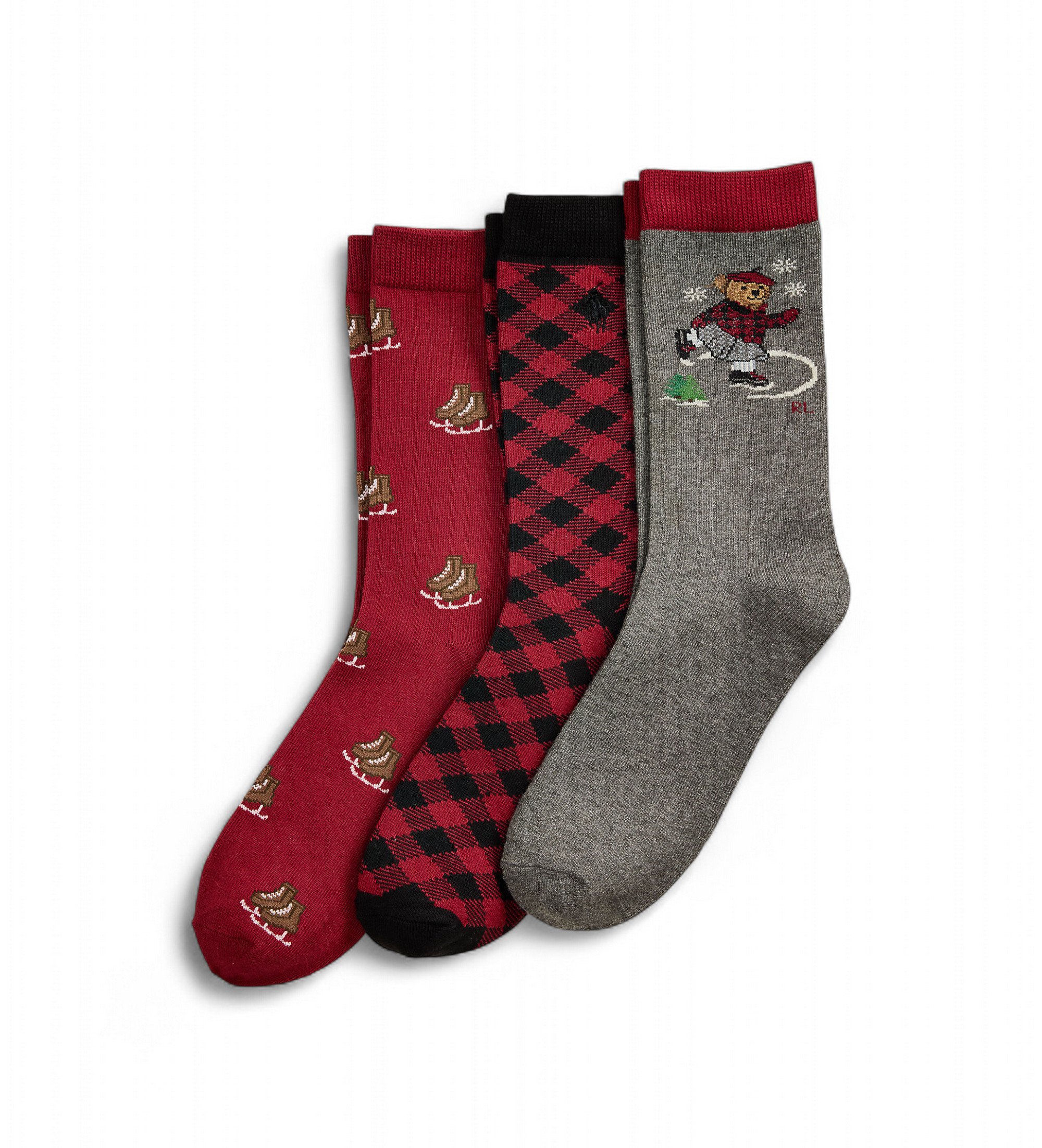 Polo Ralph Lauren für Mädchen. 448P03265001 Set aus 3 Paar Socken mit Polo Bear rot, grau (S/M), Heimtextilien, Baumwolle, Kinderbekleidung