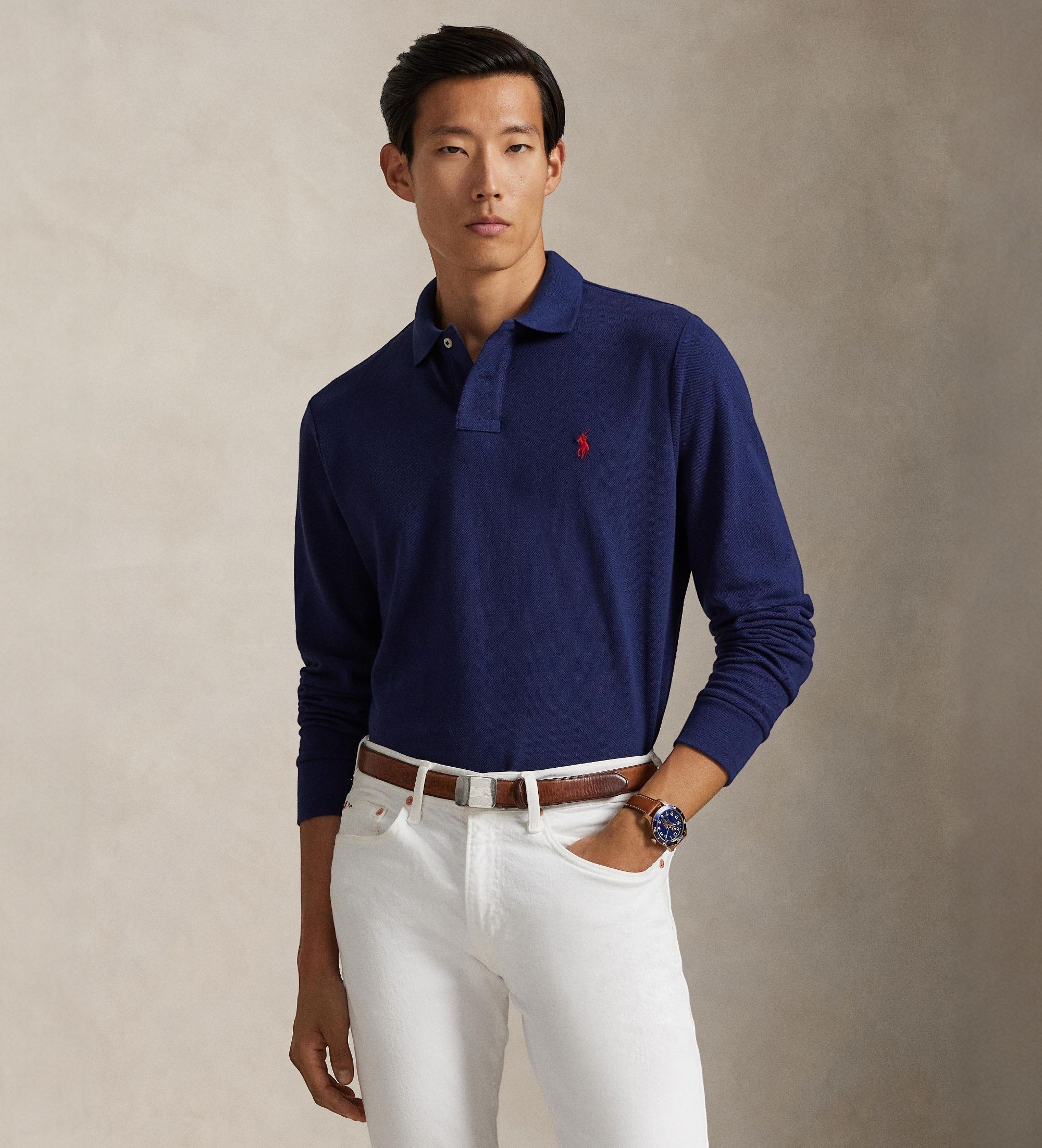 Polo Ralph Lauren für Herren. 710680790046 Kundenspezifisches Slim Fit marinefarbenes Pique-Poloshirt (M), Lässig, Baumwolle, Langarm