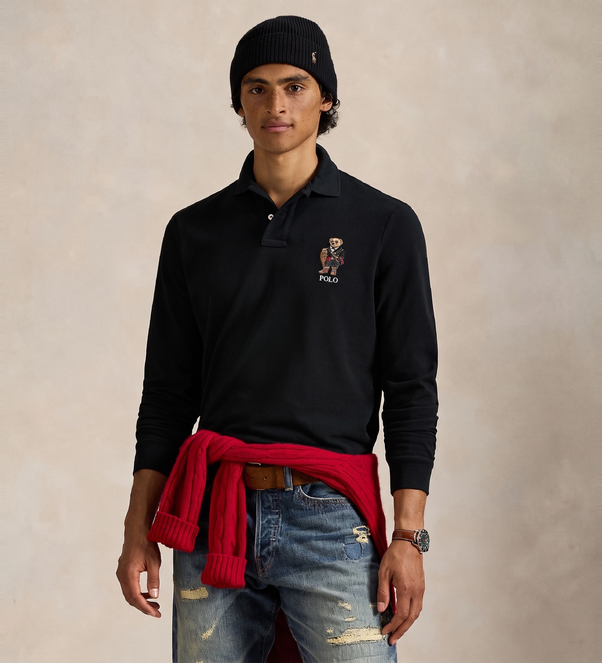 Polo Ralph Lauren für Herren. 710981793002 Classic Fit Piqué-Poloshirt mit schwarzem Bear-Poloshirt (S), Lässig, Baumwolle, Langarm