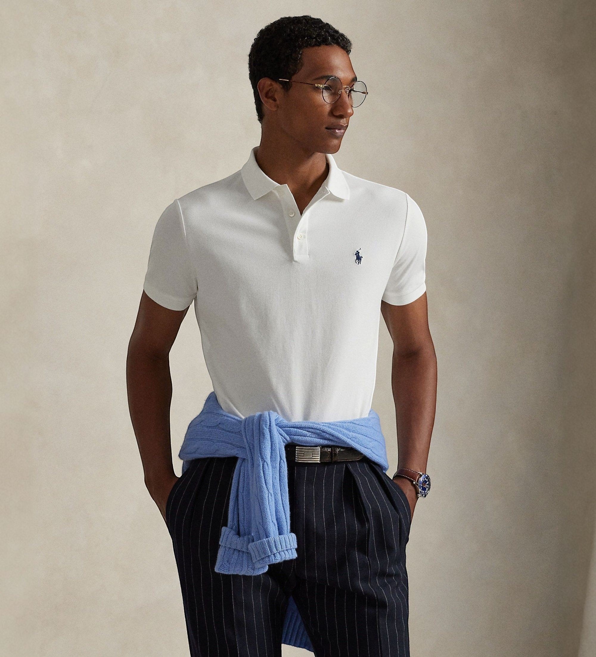 Polo Ralph Lauren für Herren. 710941439002 Stretch-Piqué-Poloshirt Custom Slim Fit weiß (M), Lässig, Baumwolle, Kurzarm