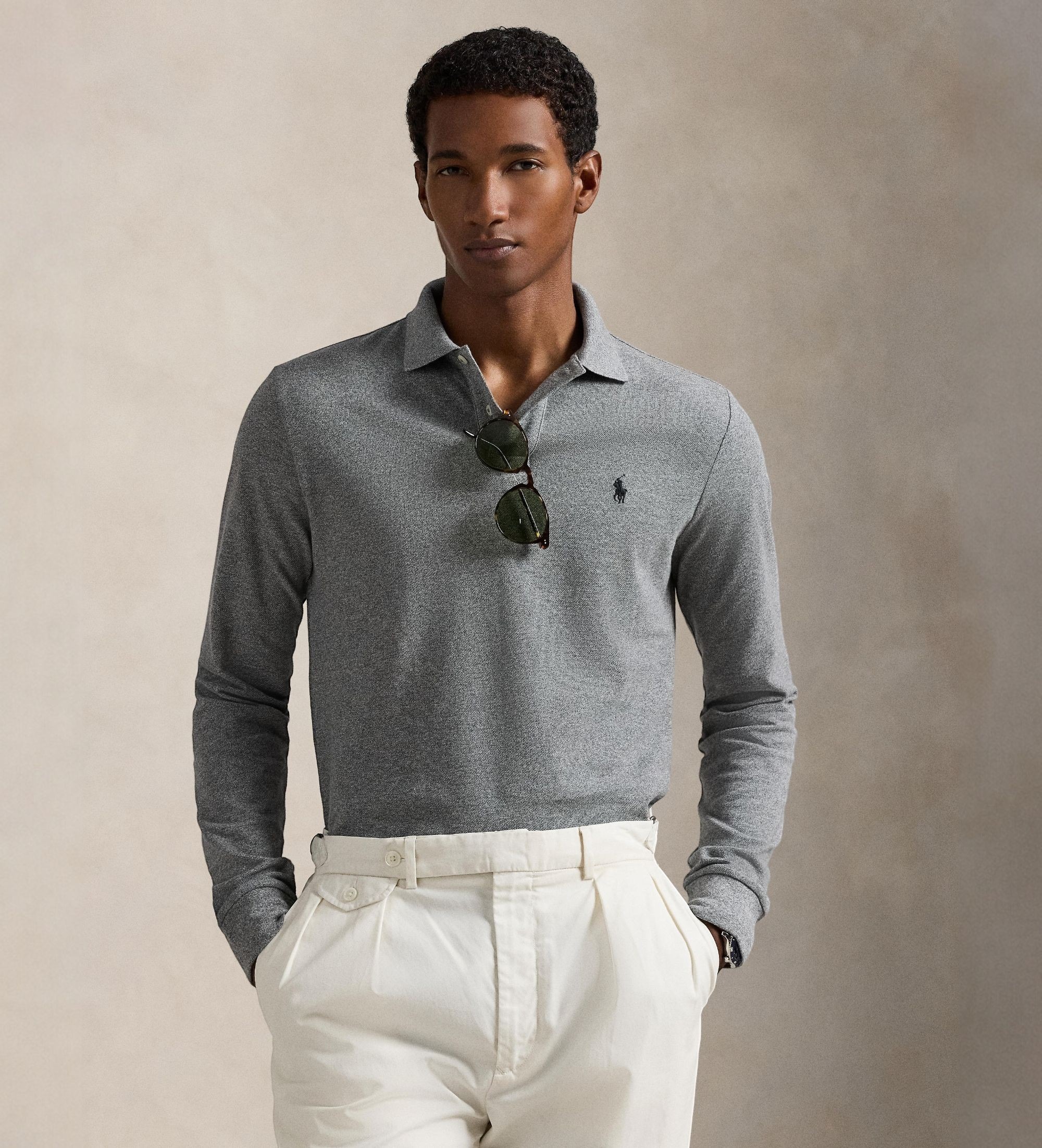 Polo Ralph Lauren für Herren. 710680790003 Custom Slim Fit Pique-Poloshirt grau (M), Lässig, Baumwolle, Langarm