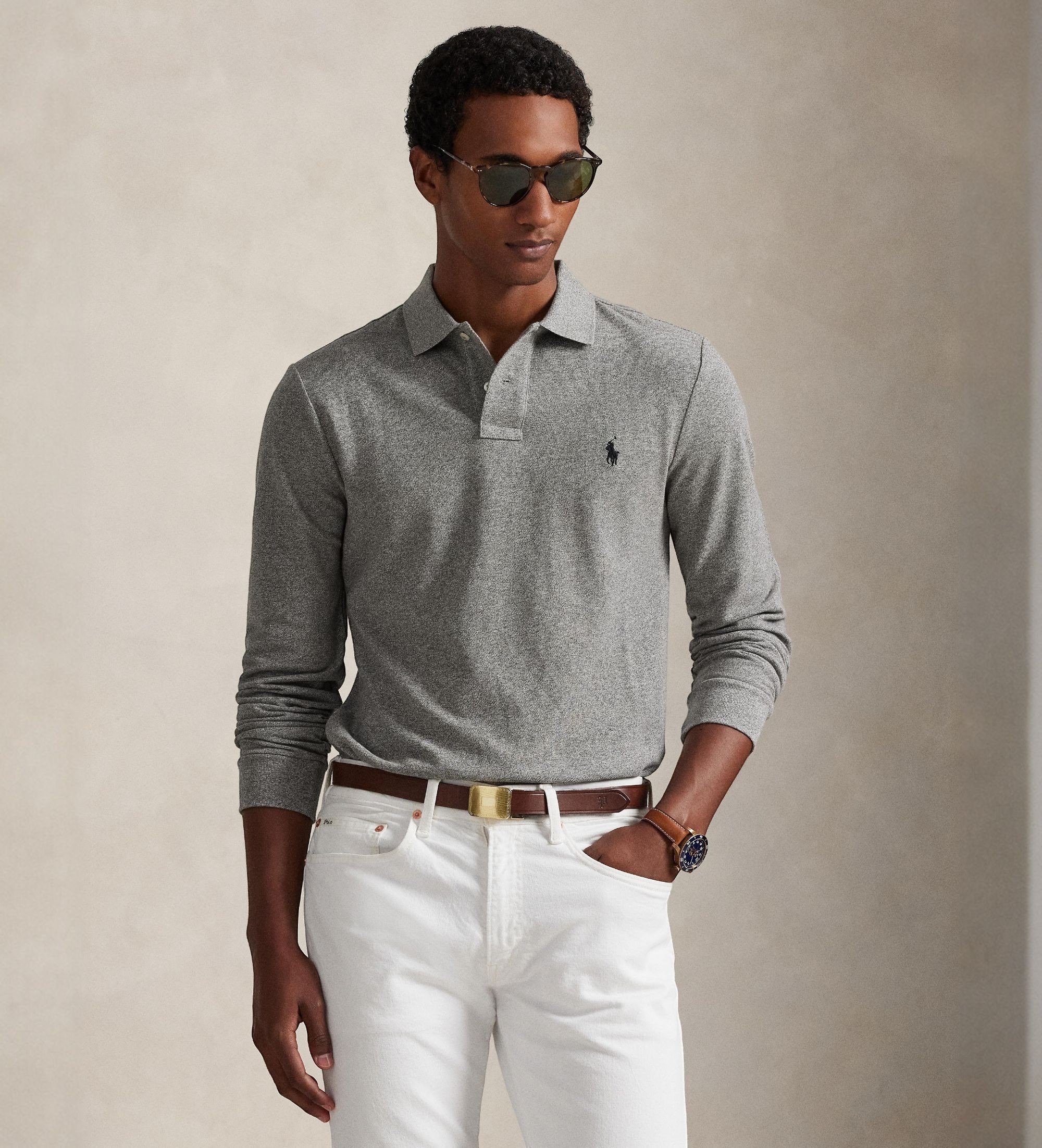 Polo Ralph Lauren für Herren. 710681126003 Langärmeliges Piqué-Poloshirt in schmaler Passform Grau (S), Lässig, Baumwolle, Langarm