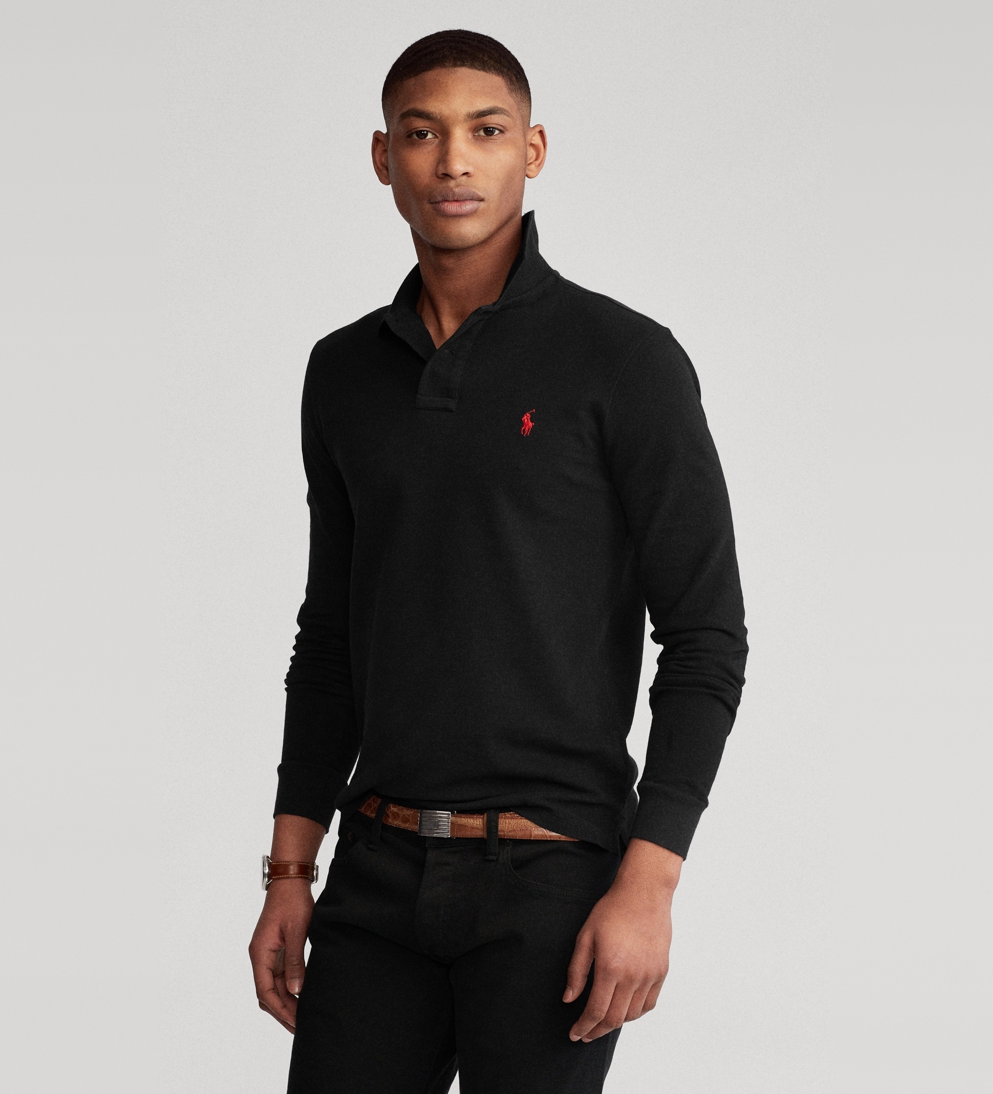 Polo Ralph Lauren für Herren. 710681126037 Langärmeliges Piqué-Poloshirt in schmaler Passform Schwarz (L), Lässig, Baumwolle, Langarm
