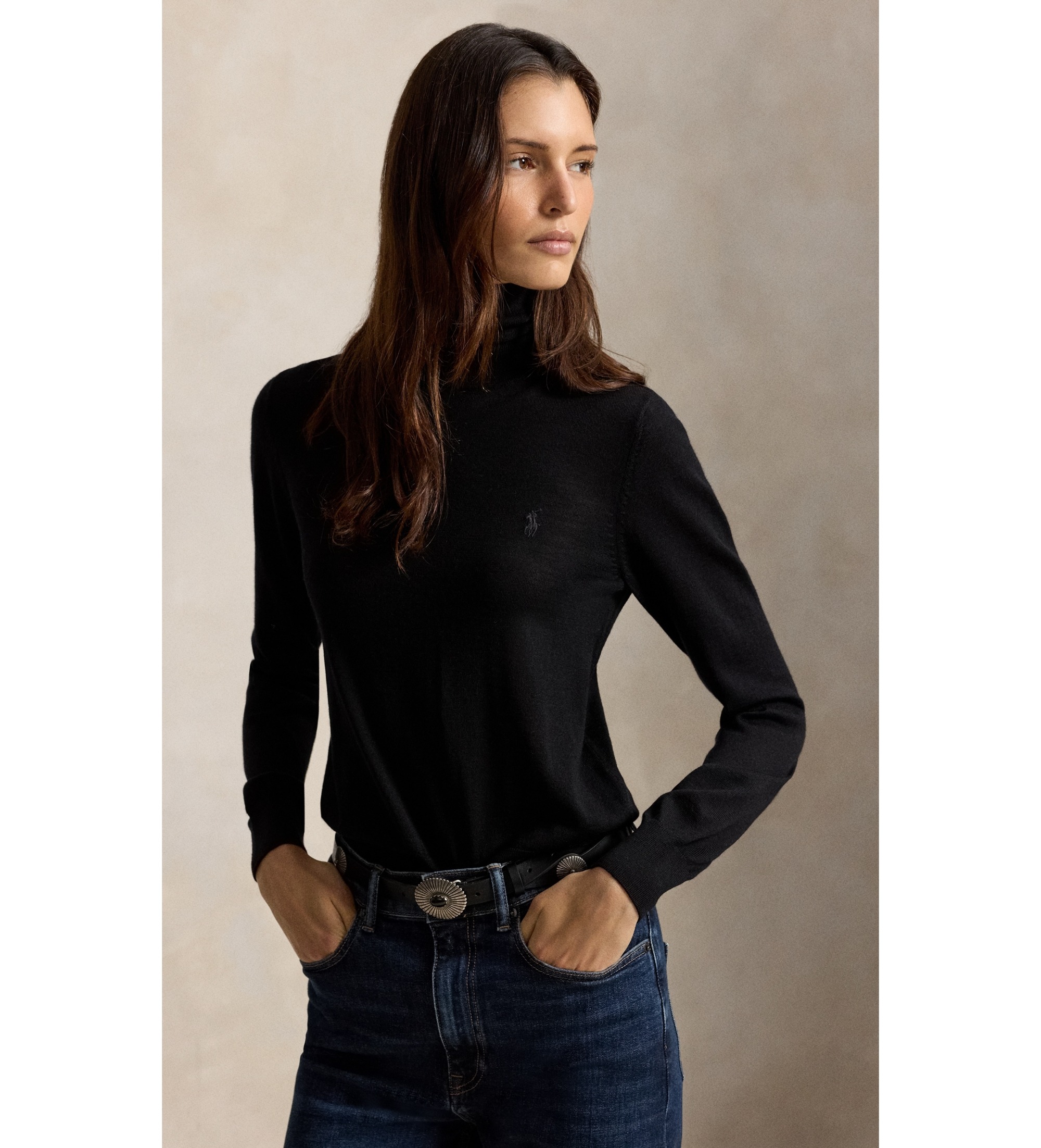 Polo Ralph Lauren für Damen. 211B17732002 Schwarzer Wollpullover mit Rollkragen (M), Lässig, Wolle, Langarm