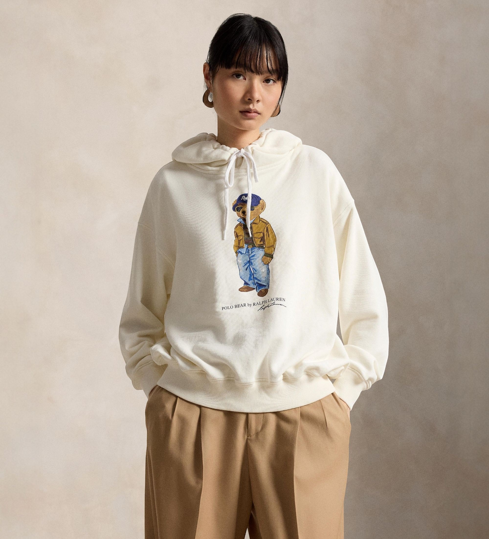 Polo Ralph Lauren für Damen. 211B17799001 Damen-Sweatshirt aus Baumwolle mit cremefarbenem Bear-Polo-Shirt (M), Weiß, Lässig, Langarm