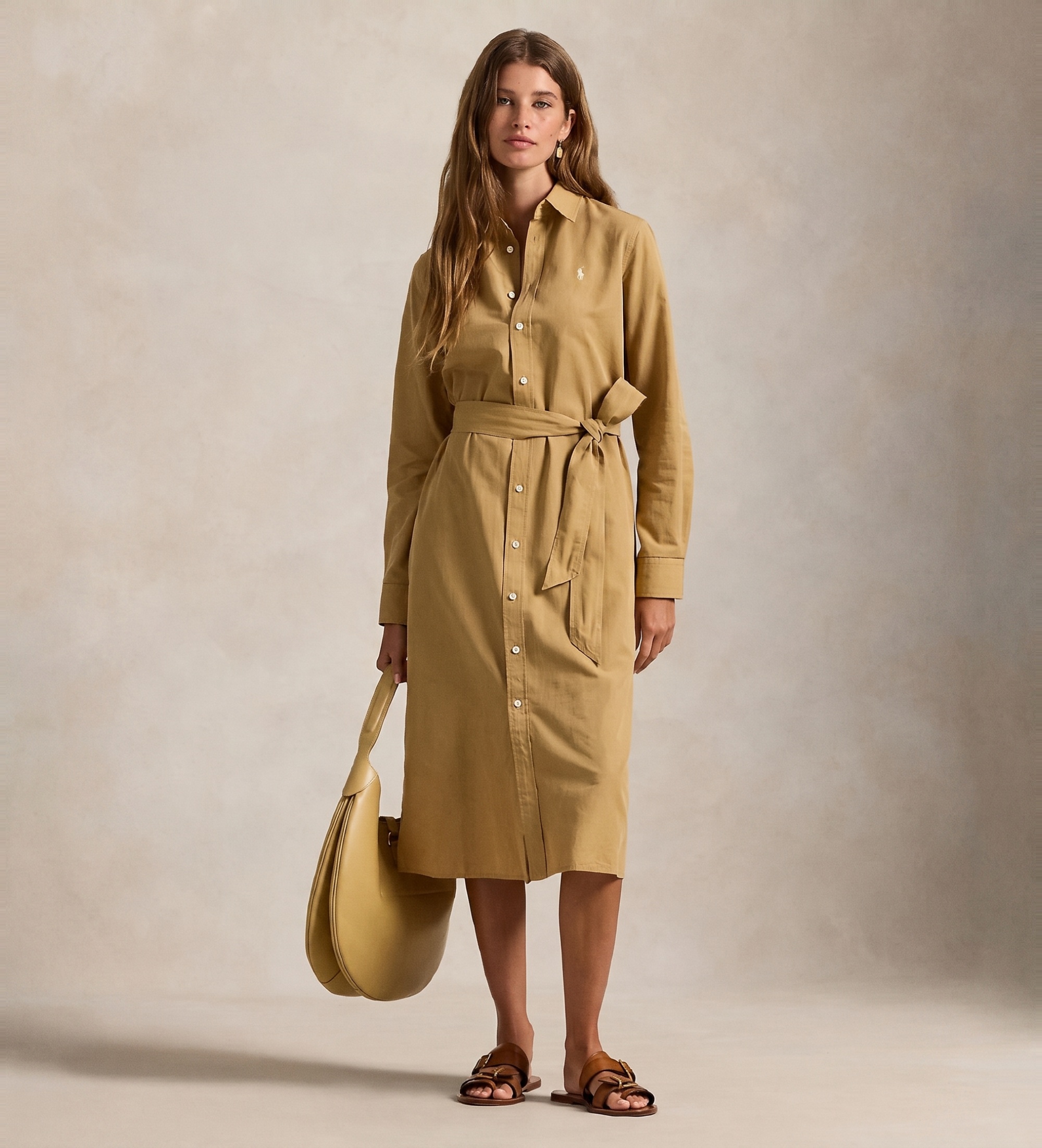 Polo Ralph Lauren für Damen. 211A96346002 Beigefarbenes Hemdkleid aus Baumwolle und Leinen (36), Lässig, Langarm