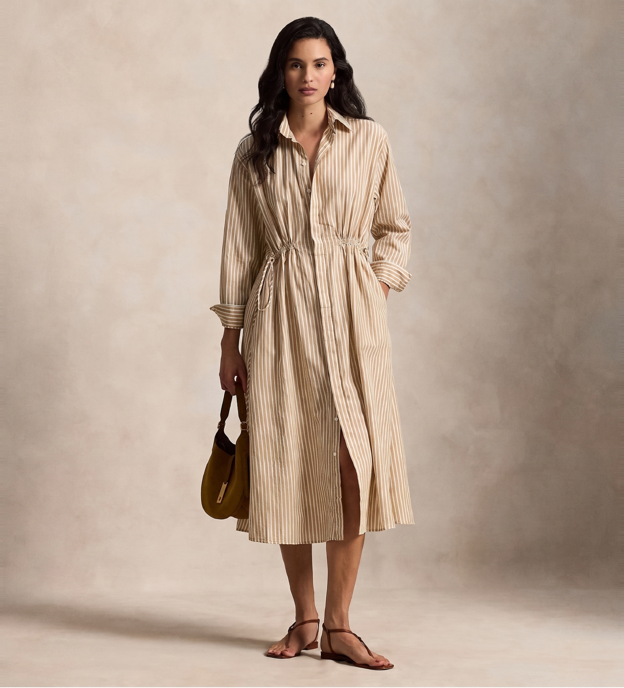 Polo Ralph Lauren für Damen. 211A96364002 Beigefarbenes Hemdkleid aus Baumwolle und Leinen (34), Lässig, Langarm