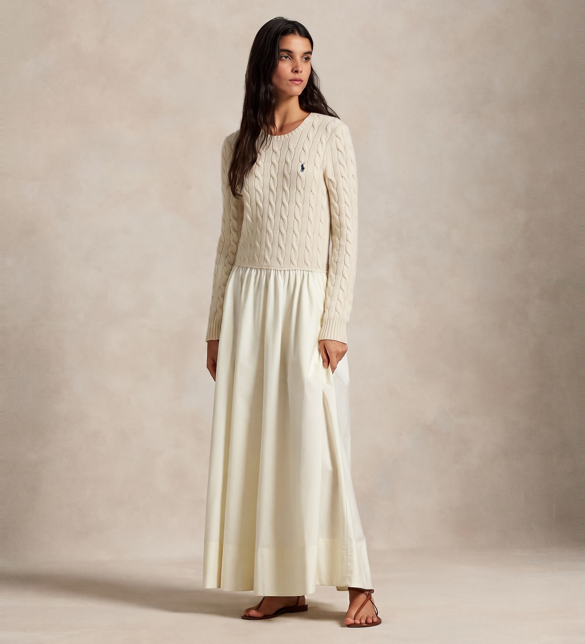 Polo Ralph Lauren für Damen. 211978251001 Gewebtes Fit & Flare Kleid beige (L), Lässig, Wolle, Langarm
