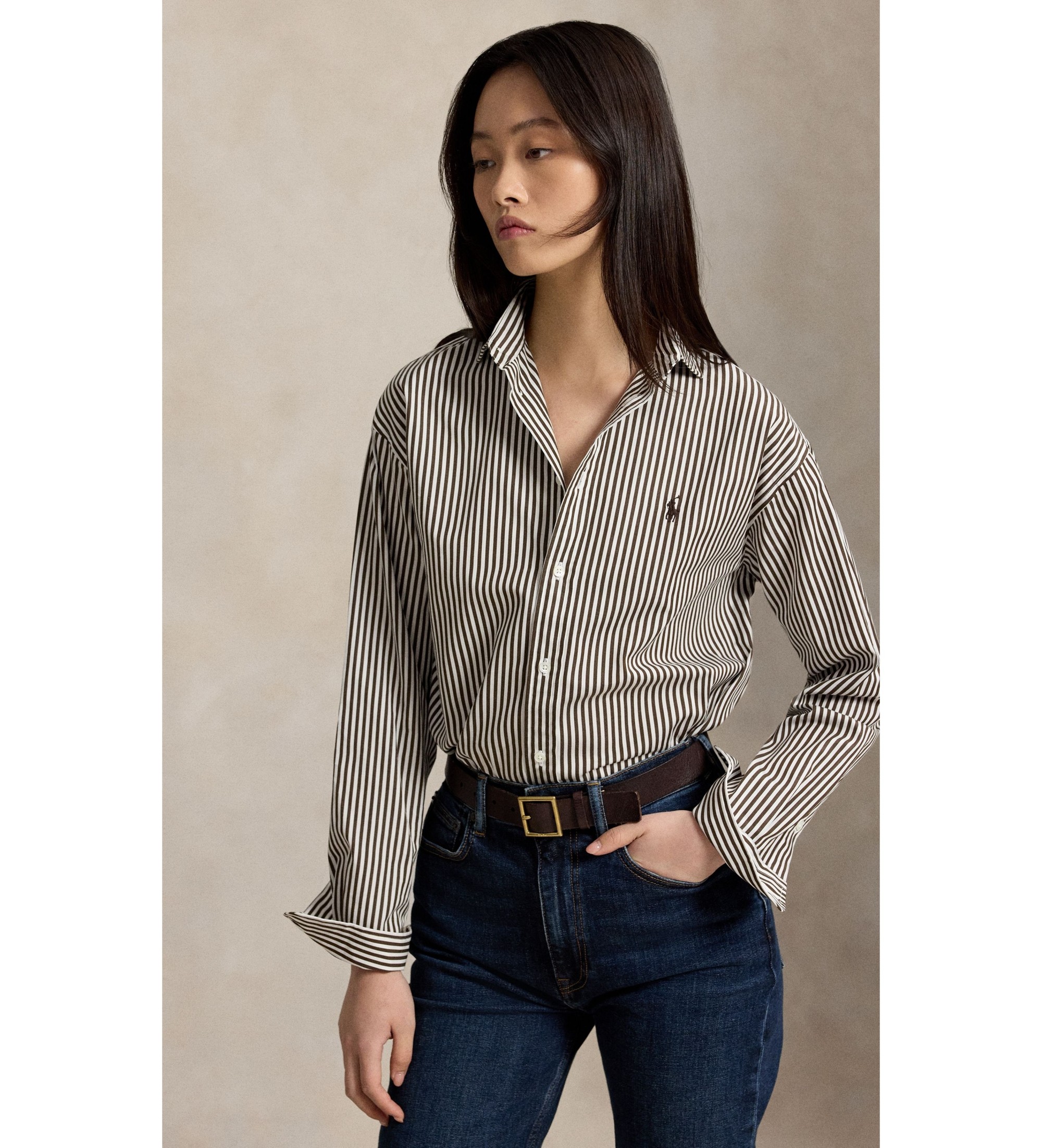 Polo Ralph Lauren für Damen. 211910743510 Baumwollhemd mit Streifen, Relaxed Fit (M), Braun, Lässig, Baumwolle, Langarm