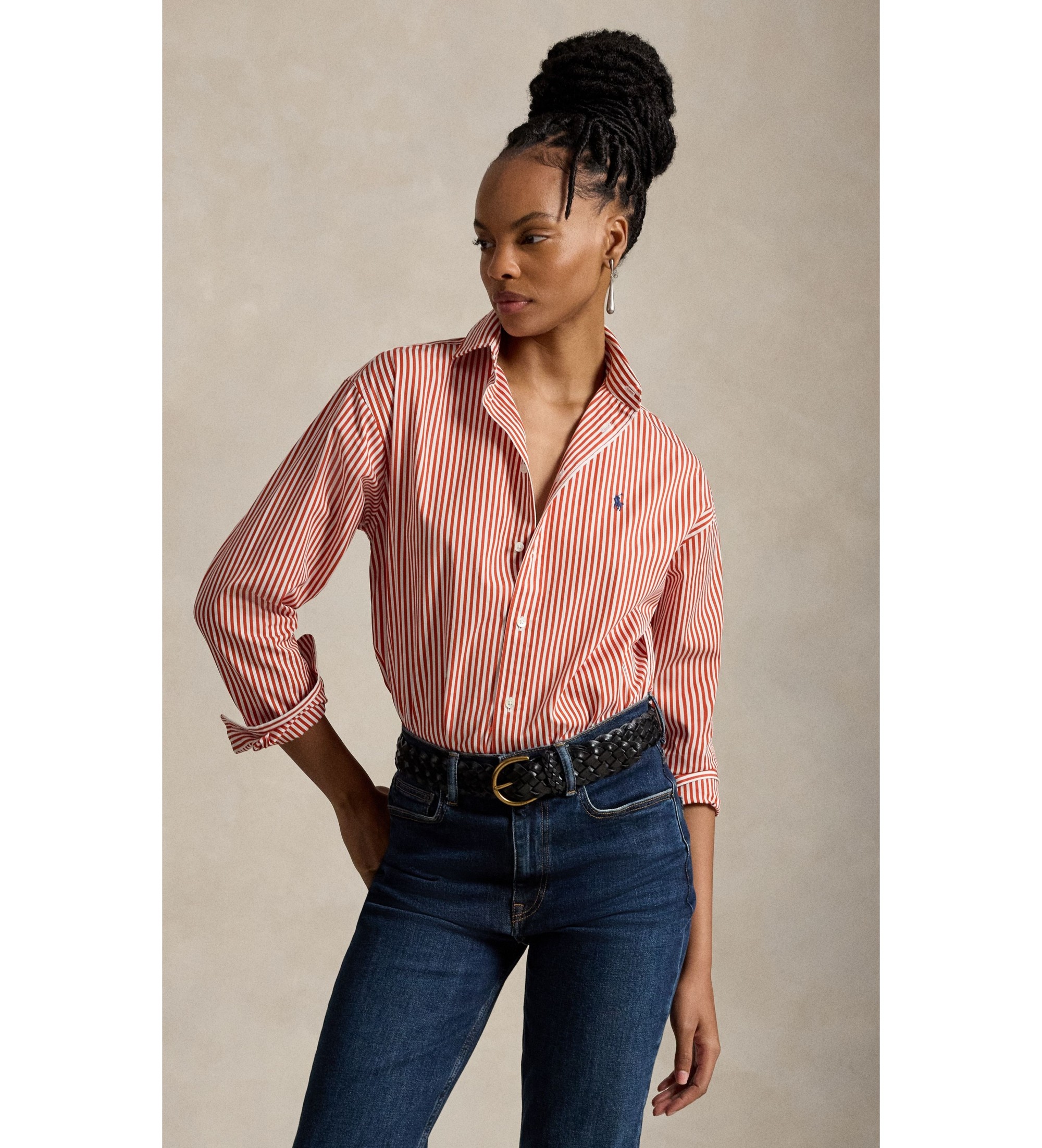 Polo Ralph Lauren für Damen. 211910743512 Orangefarbenes Relaxed Fit Baumwollhemd mit Streifen (M), Lässig, Baumwolle, Langarm