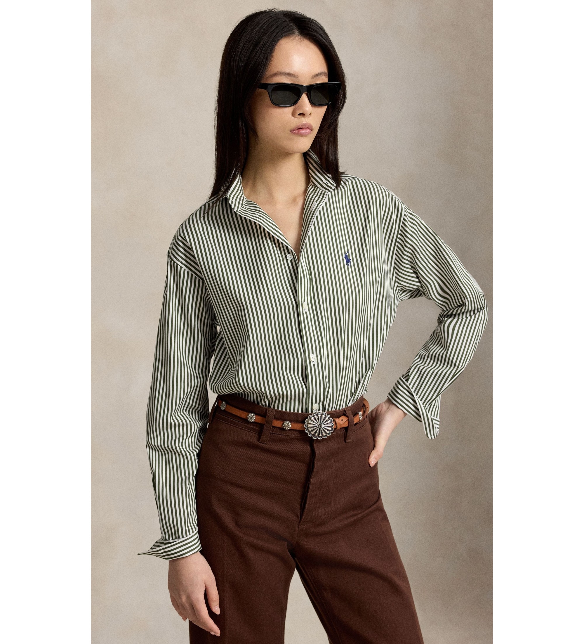 Polo Ralph Lauren für Damen. 211910743516 Relaxed Fit Baumwollhemd mit Streifen grün (M), Lässig, Baumwolle, Langarm