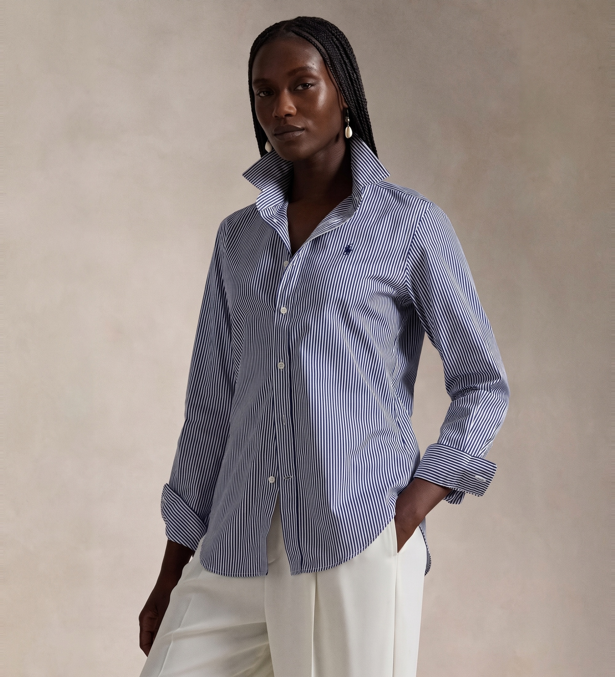 Polo Ralph Lauren für Damen. 211891379001 Baumwollhemd mit blauen Slim Fit-Streifen (40), Beige, Lässig, Baumwolle, Klassisch, Langarm