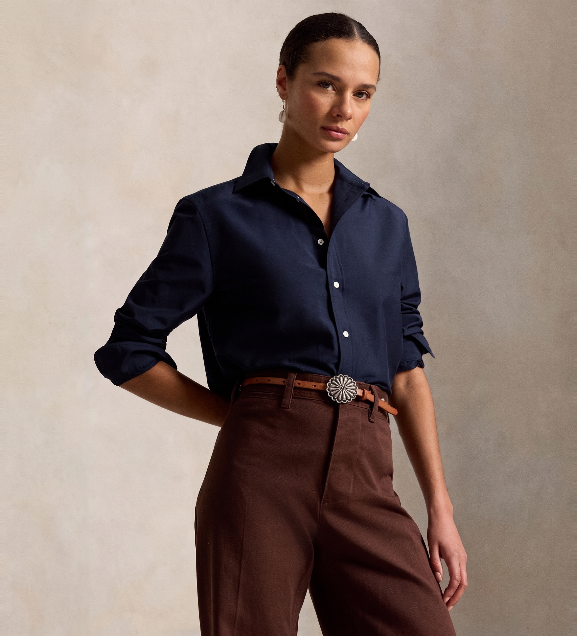 Polo Ralph Lauren für Damen. 211B30368001 Relaxed Fit Hemd aus Baumwolle und Seide in Marineblau (S), Lässig, Langarm
