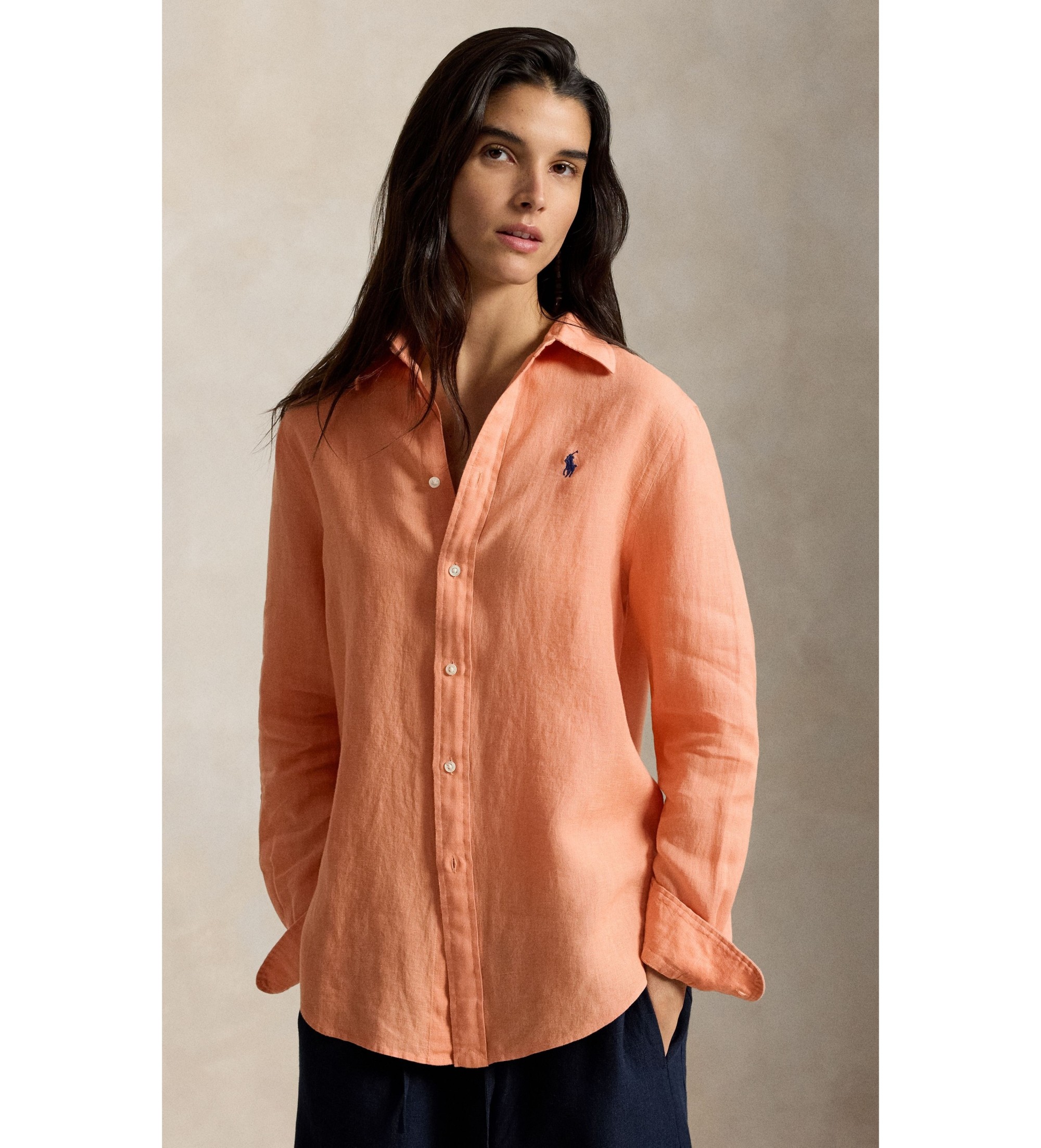 Polo Ralph Lauren für Damen. 211970730521 Klassisches orangefarbenes Leinenhemd in Classic Fit (L), Lässig, Langarm, Koralle