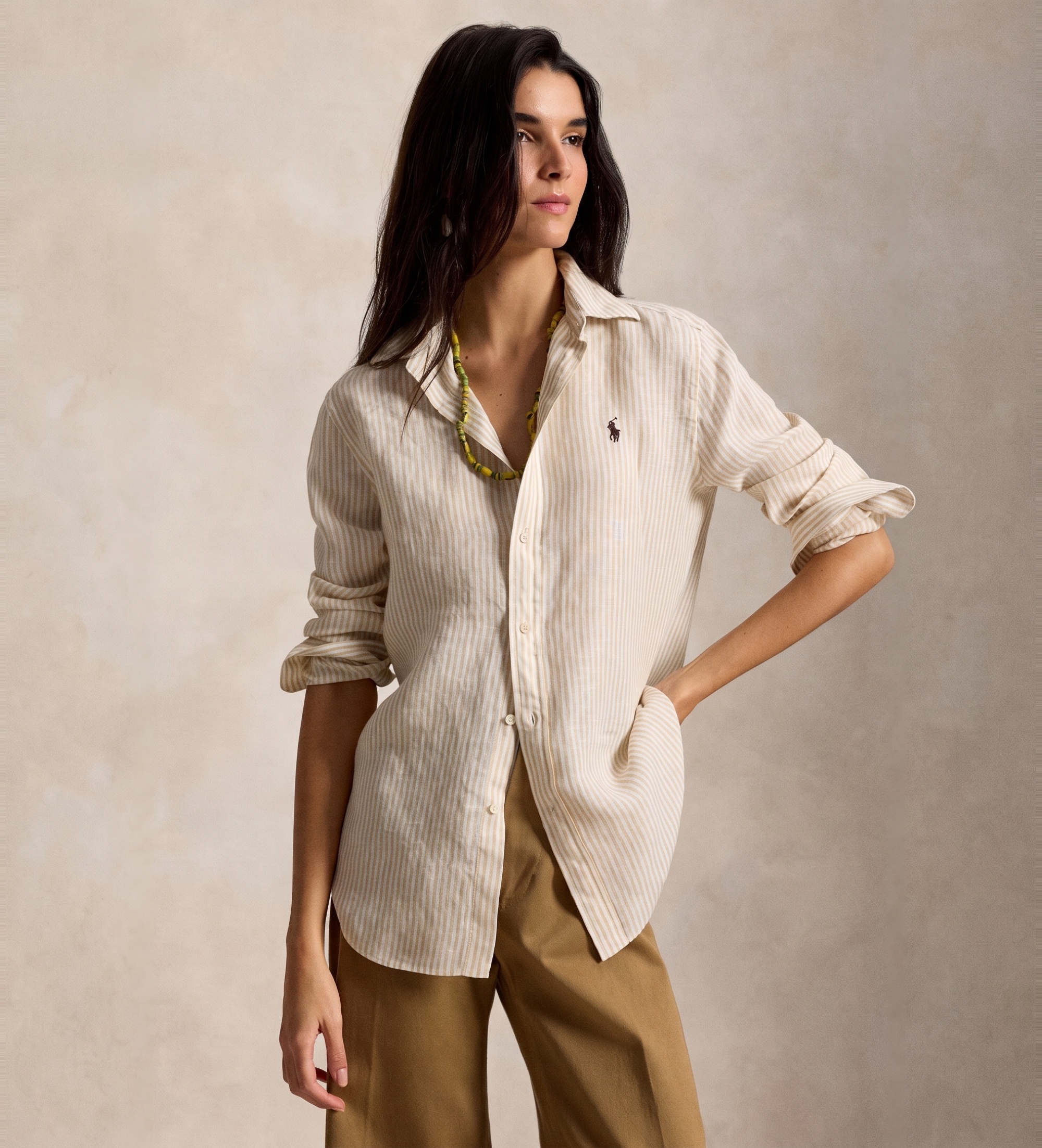Polo Ralph Lauren für Damen. 211A96158010 Klassisch geschnittenes Leinenhemd mit beigen Streifen (L), Lässig, Langarm