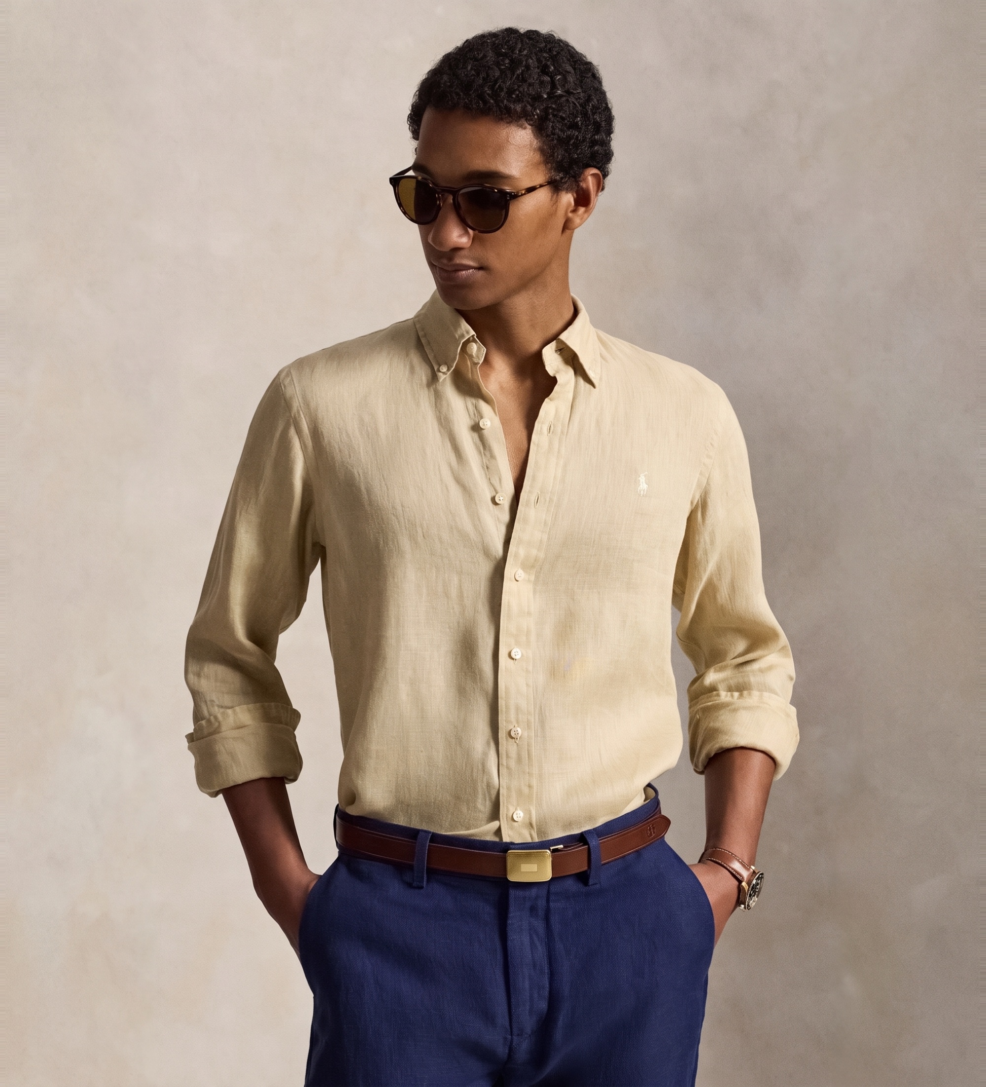 Polo Ralph Lauren für Herren. 710966294520 Beiges Custom-Fit-Leinenhemd (S), Lässig, Langarm