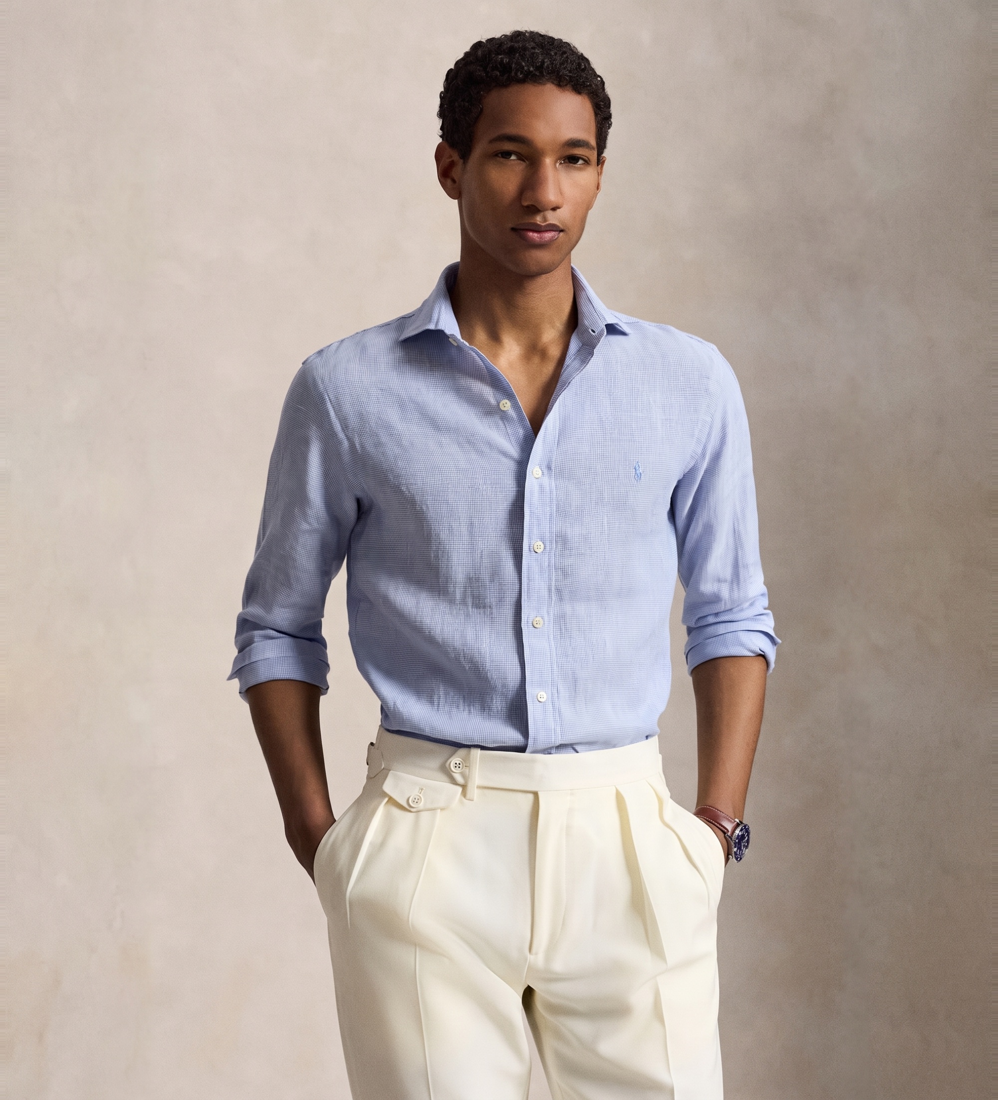 Polo Ralph Lauren für Herren. 710B22589002 Blaues Custom-Fit-Leinenhemd (S), Lässig, Langarm