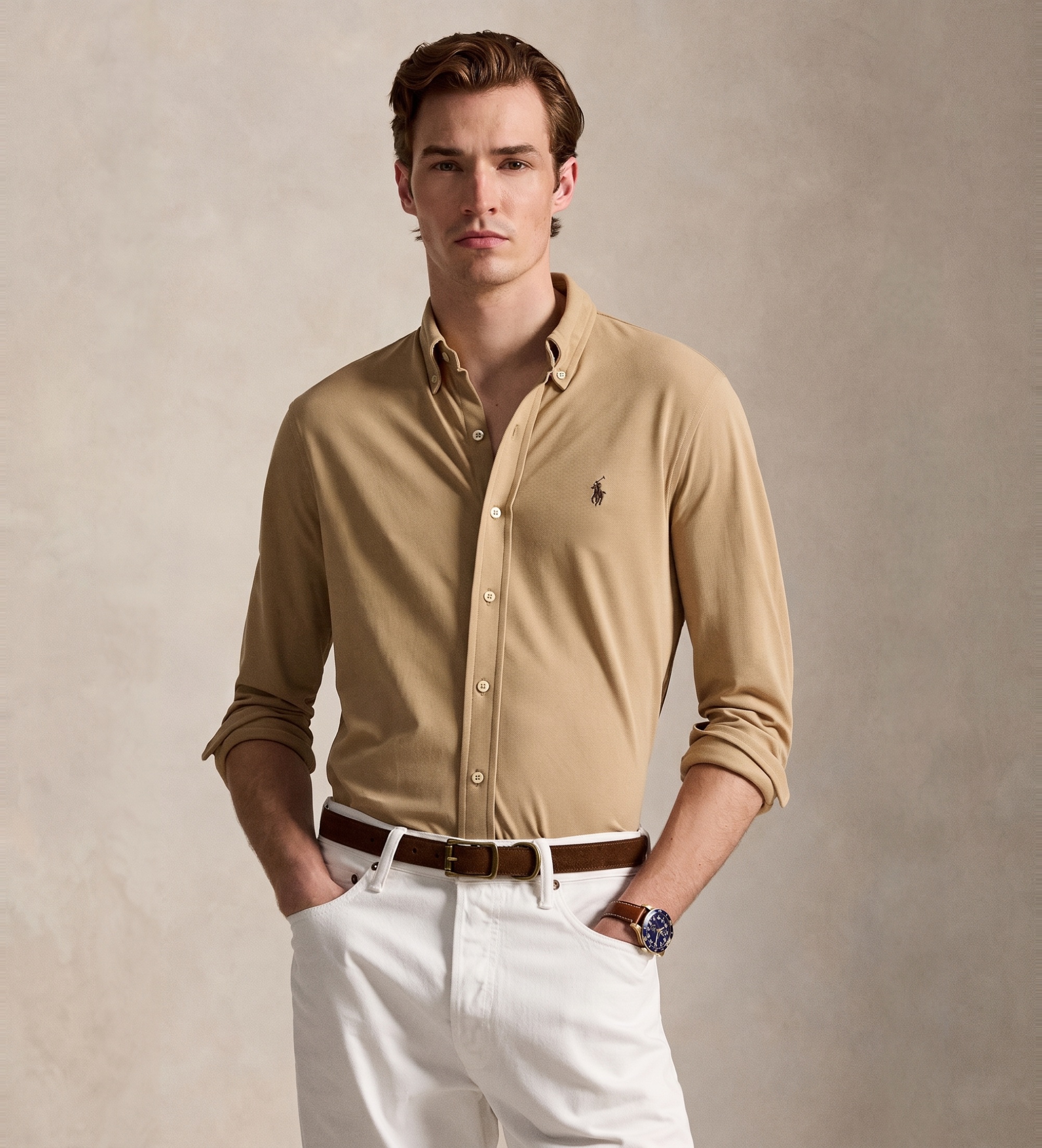 Polo Ralph Lauren für Herren. 710654408503 Ultraleichtes Piqué-Hemd beige (L), Lässig, Baumwolle, Langarm