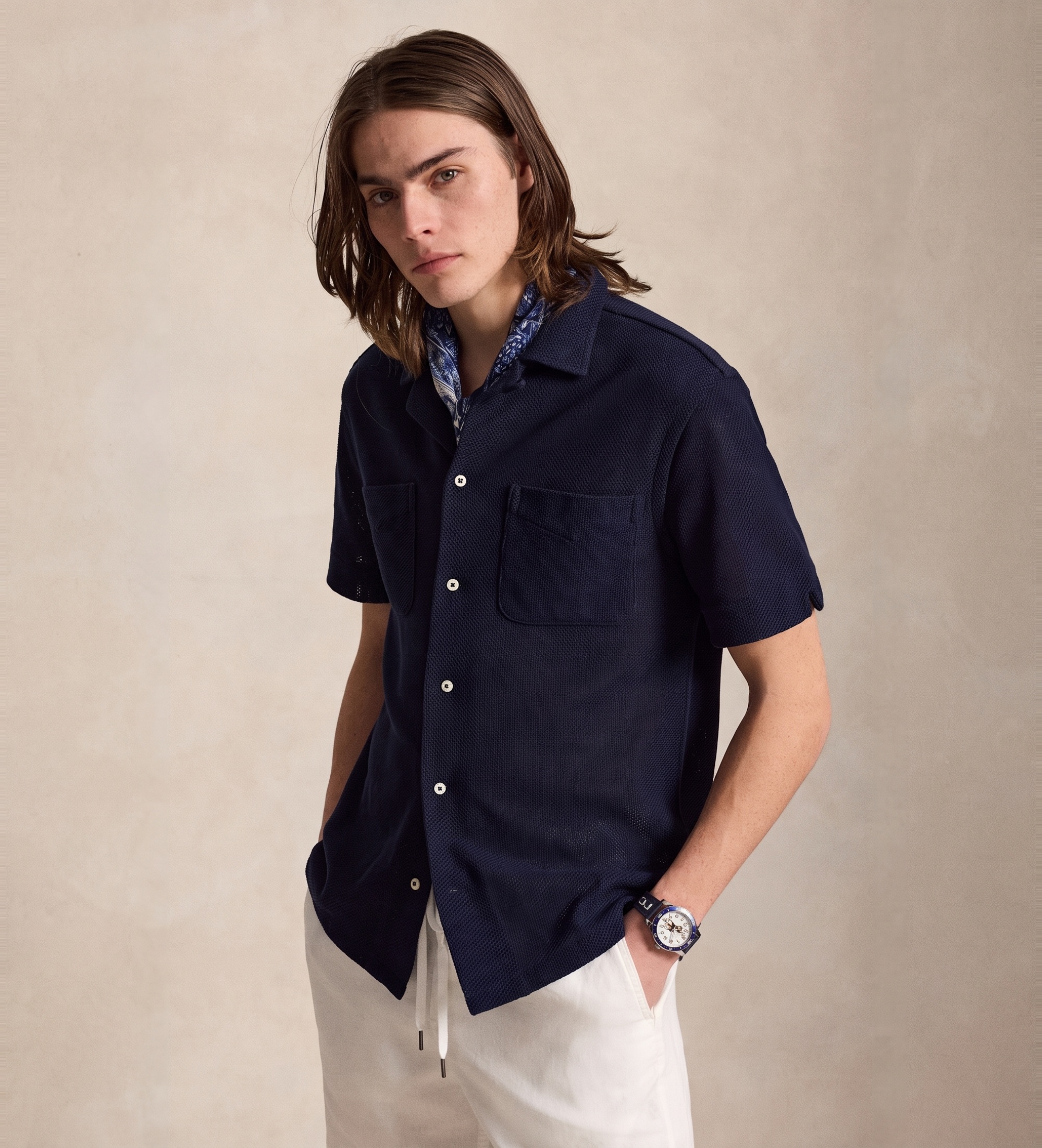 Polo Ralph Lauren für Herren. 710B18536004 Hemd aus Pointelle mit Mairno-Textur (S), Lässig, Baumwolle, Langarm, Marine
