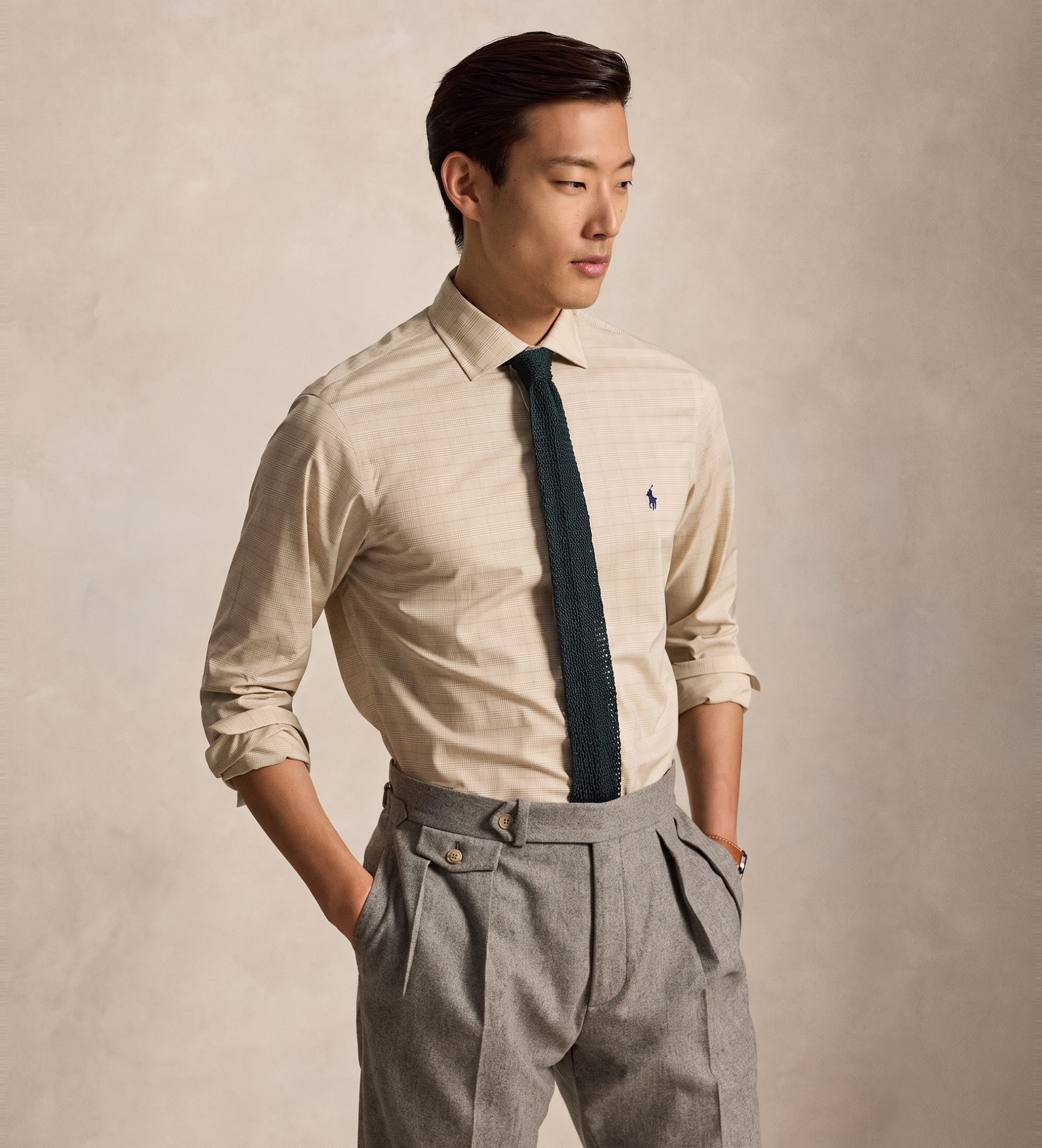 Polo Ralph Lauren für Herren. 712B22541001 Hemd aus Popeline mit beigefarbenem Glencheck-Muster (41), Lässig, Baumwolle, Klassisch, Langarm