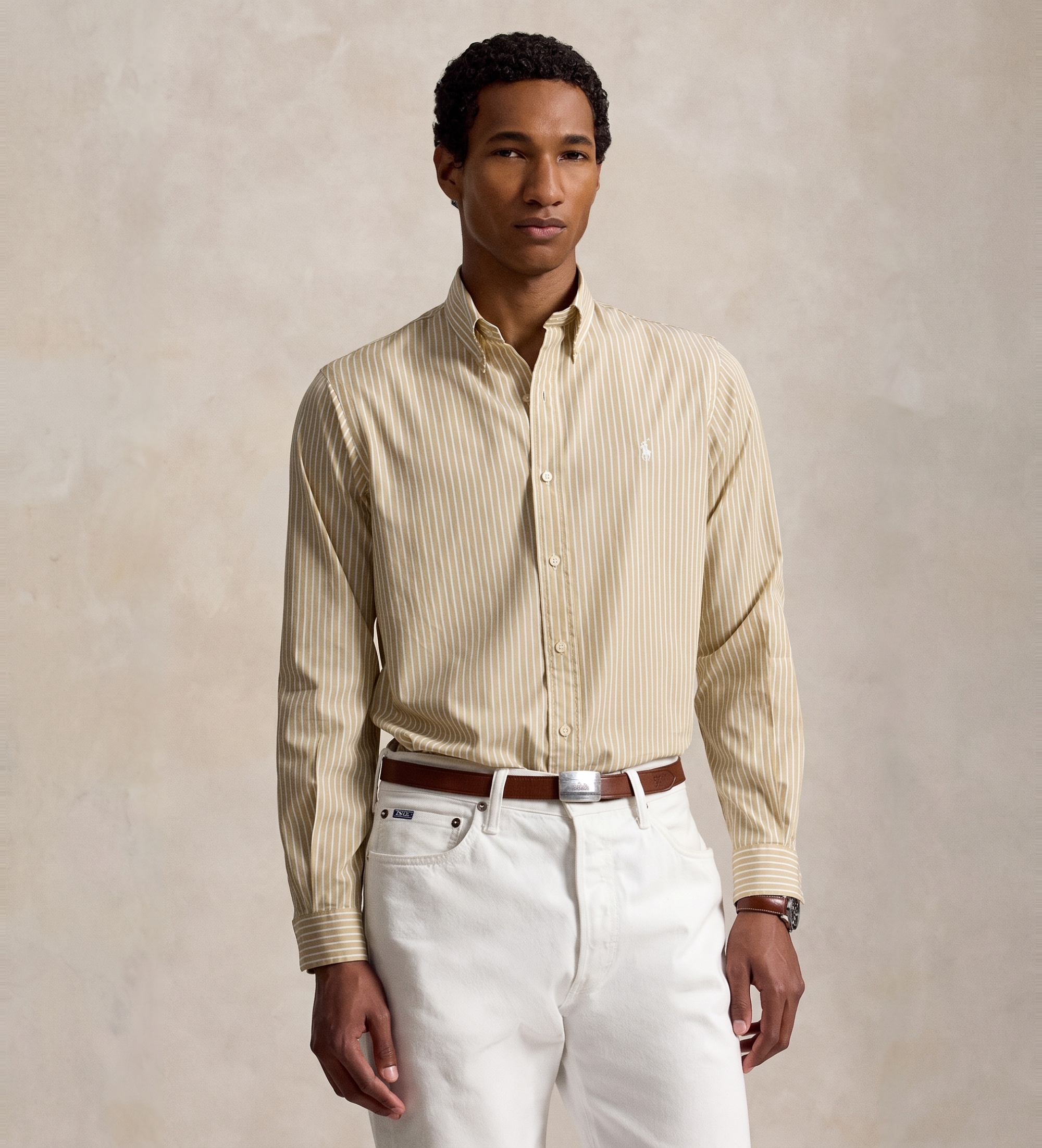 Polo Ralph Lauren für Herren. 710B15595010 Popeline-Hemd mit Streifen Custom Fit beige (M), Lässig, Baumwolle, Langarm