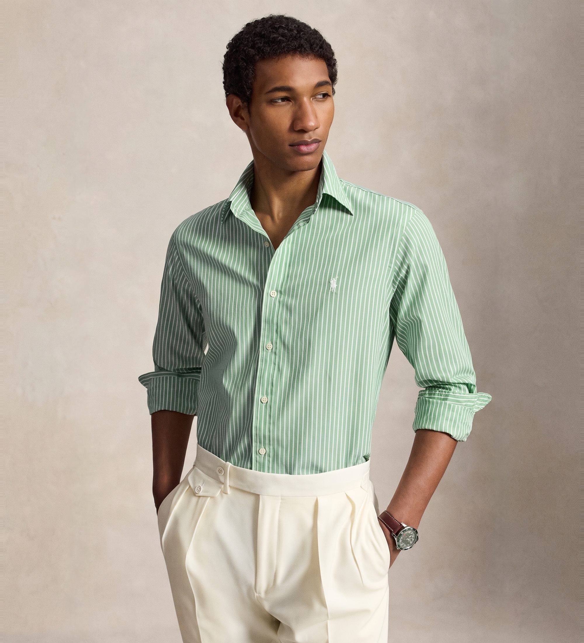 Polo Ralph Lauren für Herren. 710B15595011 Grün gestreiftes Custom-Fit-Popeline-Hemd (M), Lässig, Baumwolle, Langarm