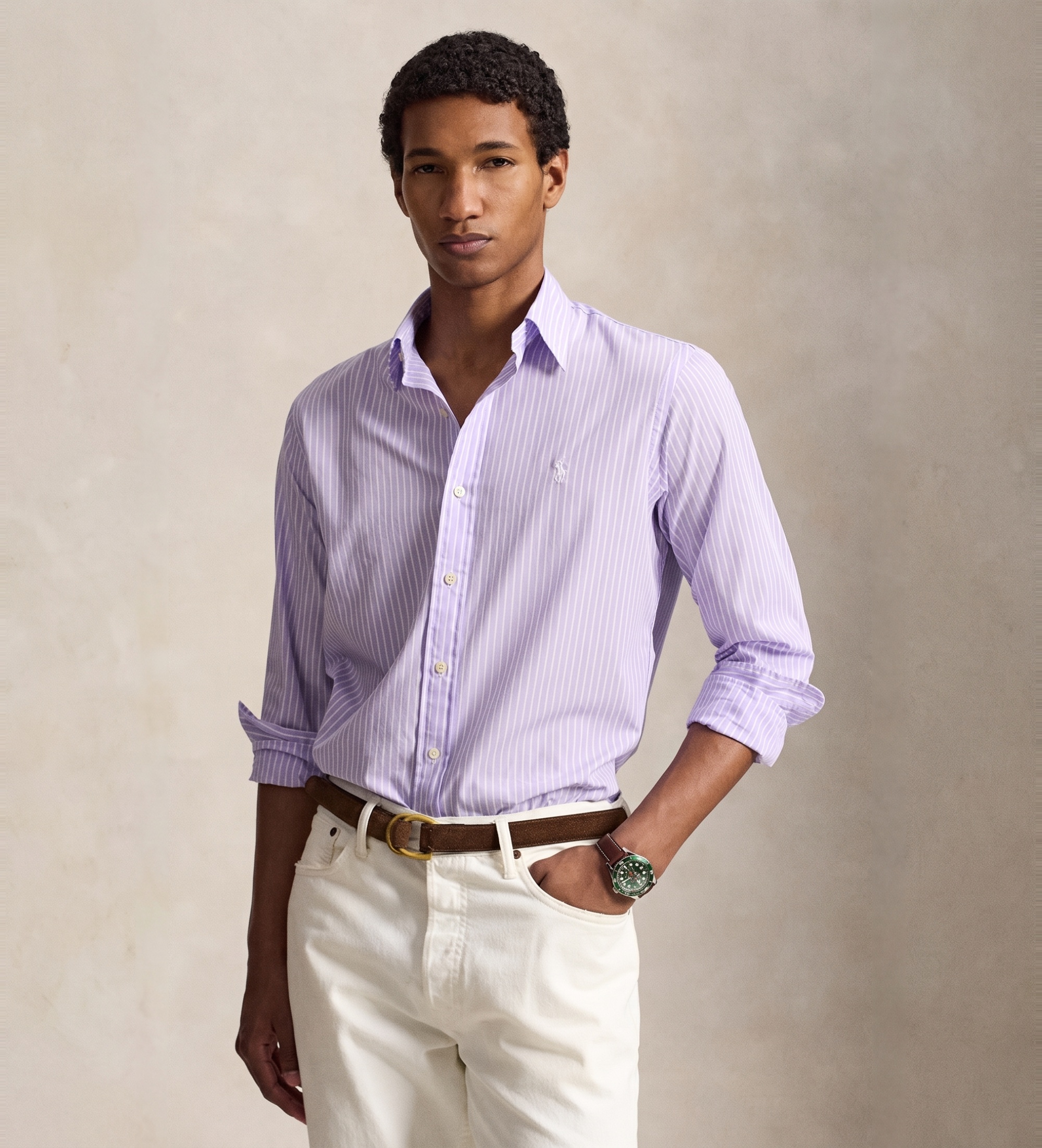Polo Ralph Lauren für Herren. 710B15595012 Tailliertes Hemd aus Popeline mit lila Streifen (L), Lässig, Flieder, Baumwolle, Langarm