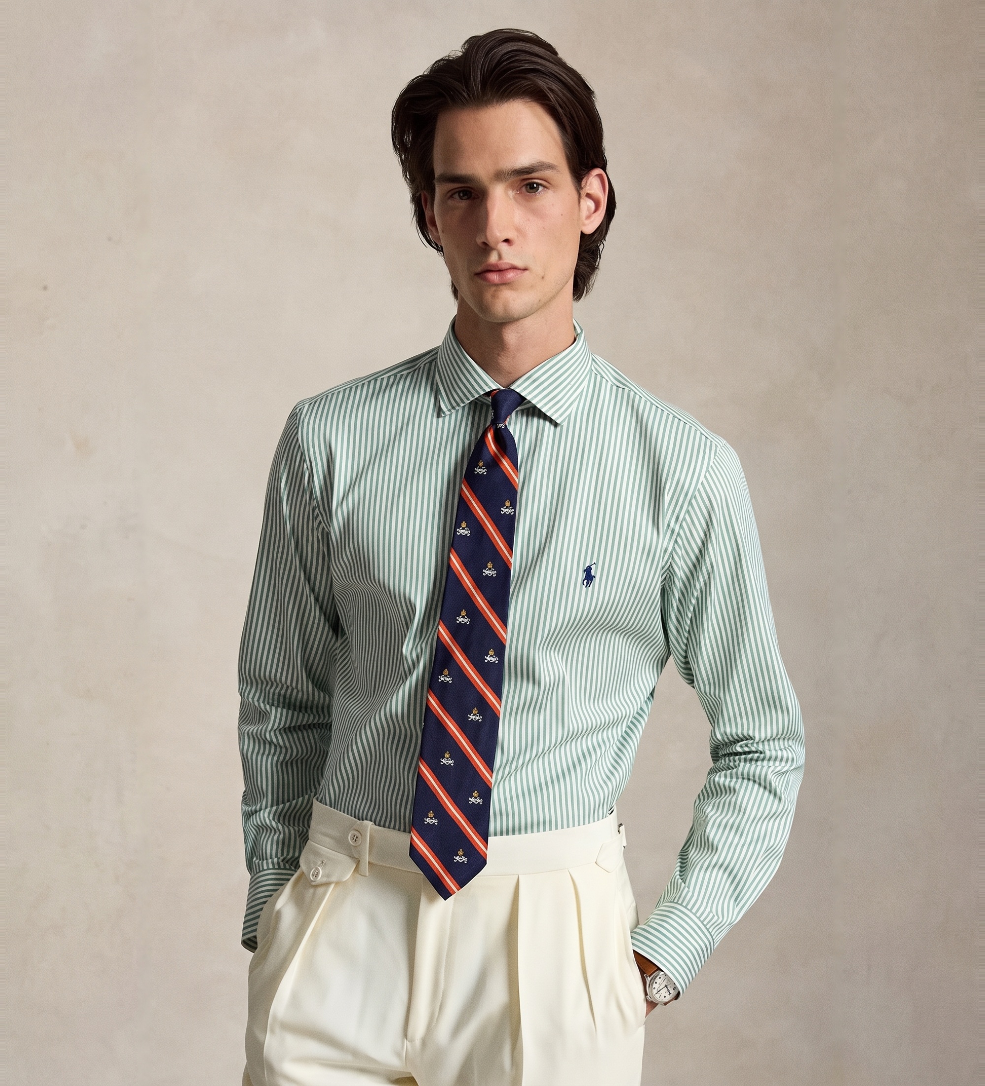 Polo Ralph Lauren für Herren. 710B22606002 Grün gestreiftes Custom-Fit-Popeline-Hemd (S), Lässig, Baumwolle, Langarm