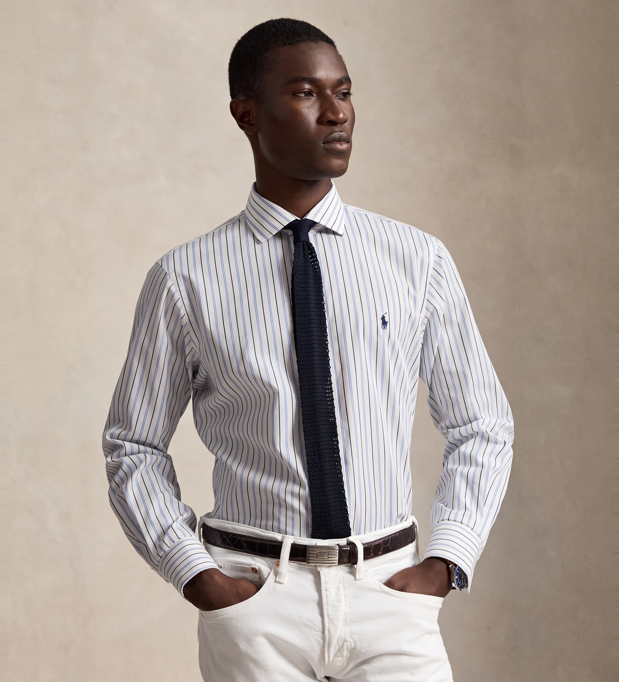 Polo Ralph Lauren für Herren. 712B15309006 Maßgeschneidertes Popeline-Hemd mit weißen Streifen (39), Lässig, Baumwolle, Klassisch, Langarm