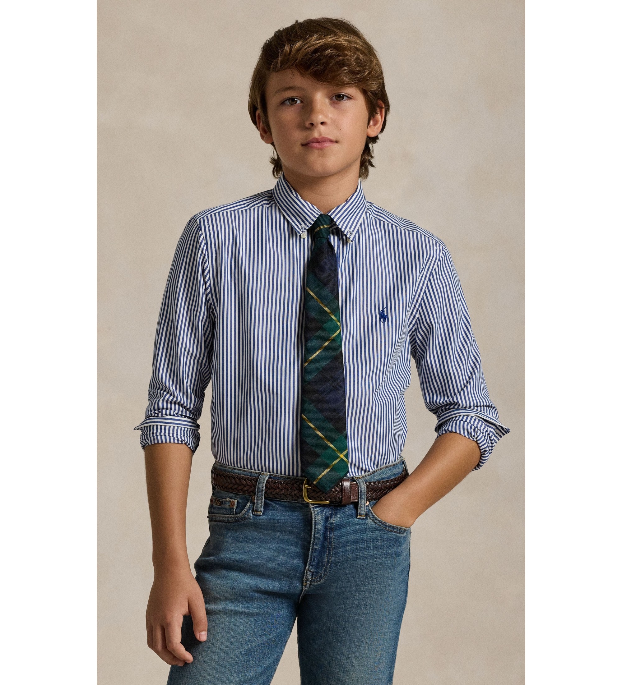 Polo Ralph Lauren für Jungen. 323862260002 Hemd aus Baumwollpopeline mit blauen Streifen ((M) 8/9años= 140/149cm), Lässig, Baumwolle, Langar
