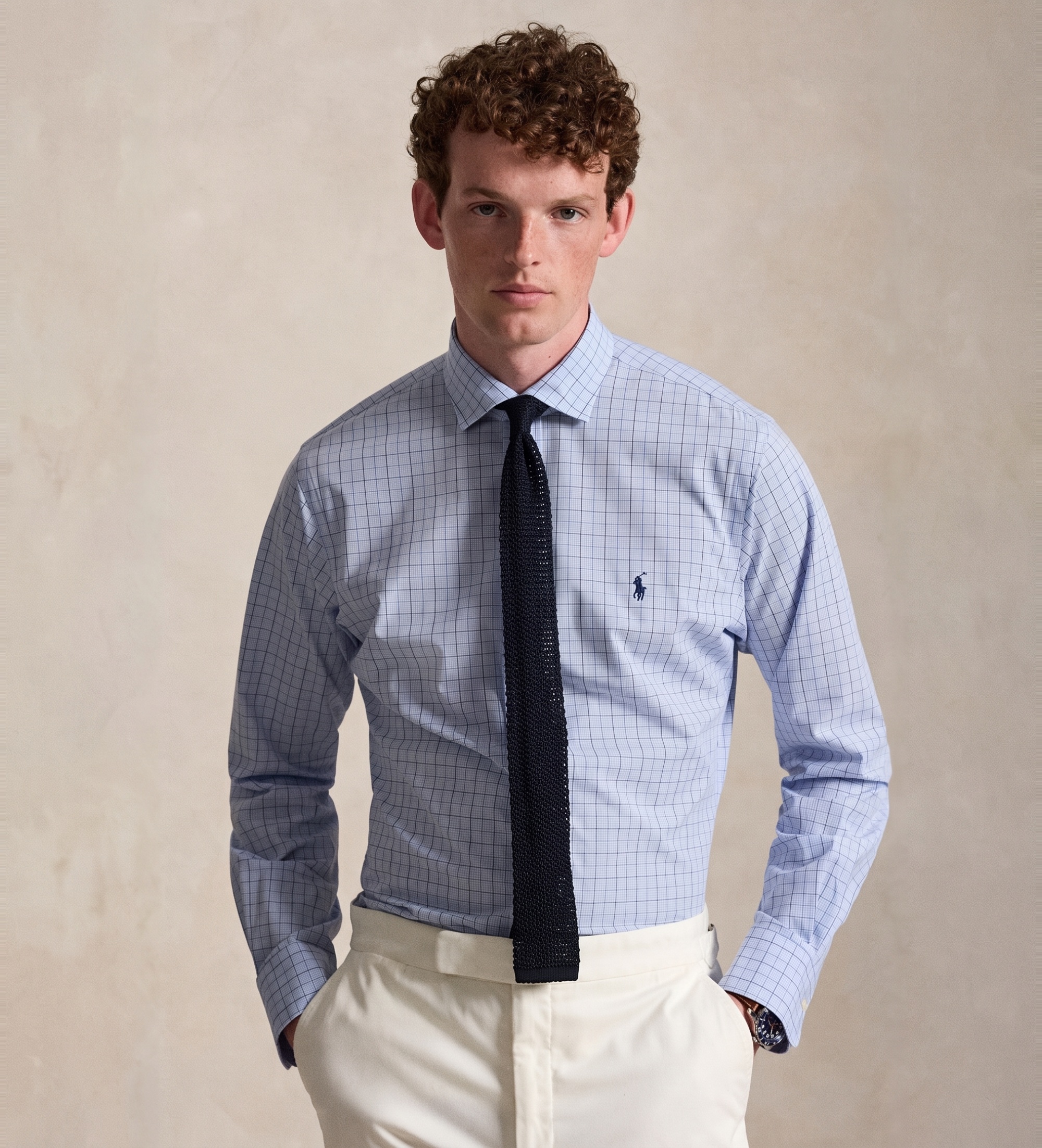 Polo Ralph Lauren für Herren. 710B22587001 Elastisches Popeline-Hemd mit blauen Karos (M), Lässig, Baumwolle, Langarm