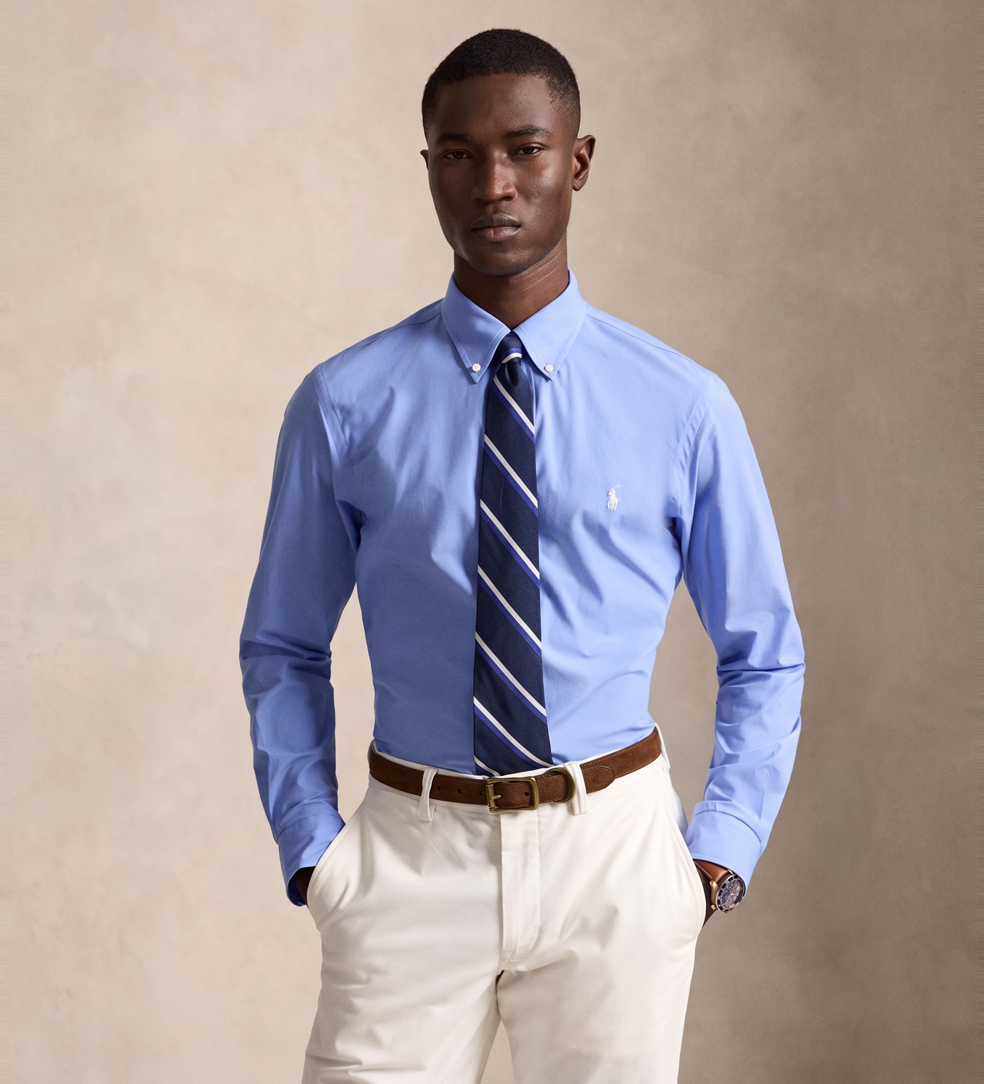 Polo Ralph Lauren für Herren. 710929349501 Blaues Custom-Fit-Hemd aus elastischem Popeline (M), Lässig, Baumwolle, Langarm