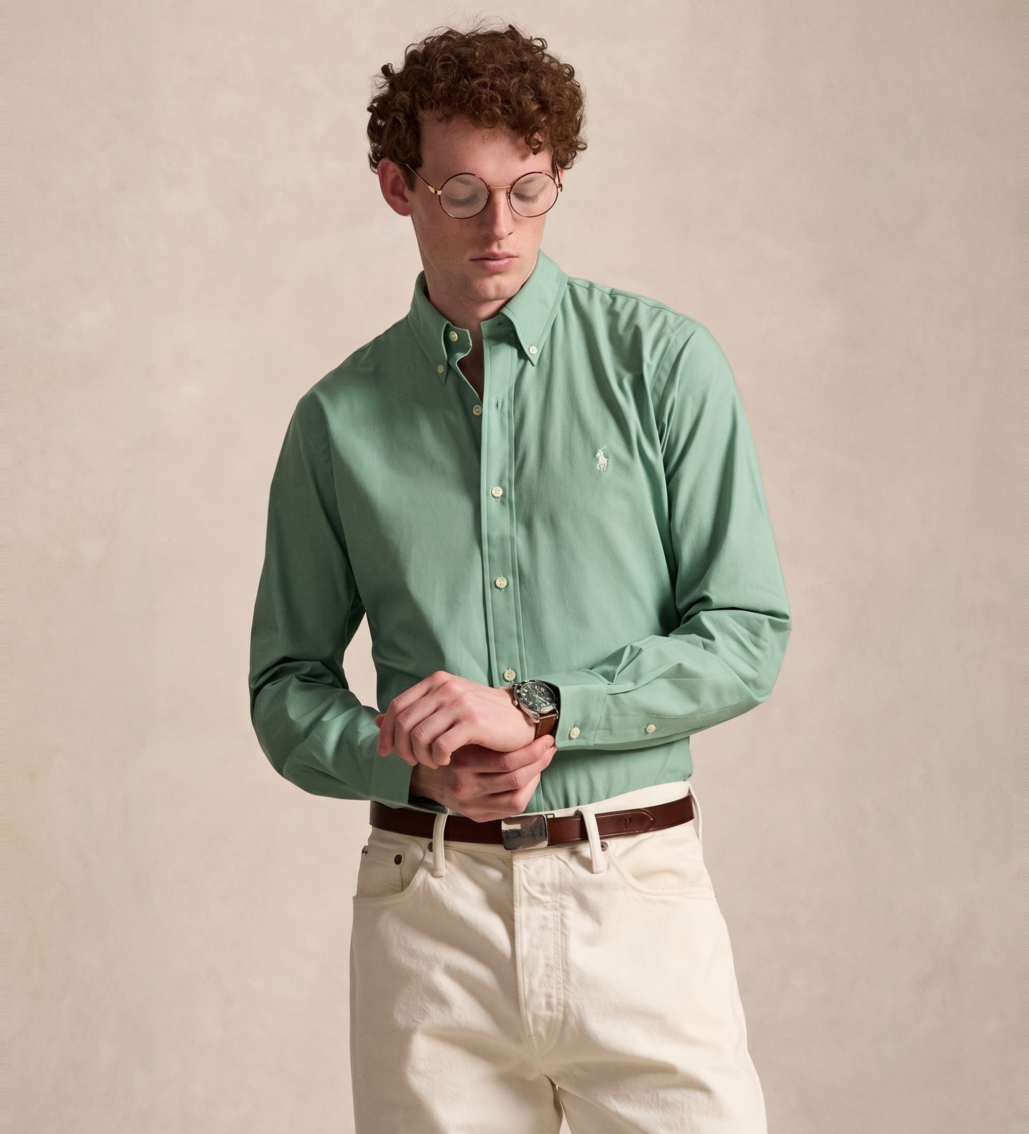Polo Ralph Lauren für Herren. 710929349504 Grünes Custom-Fit-Hemd aus elastischem Popeline (M), Lässig, Baumwolle, Langarm