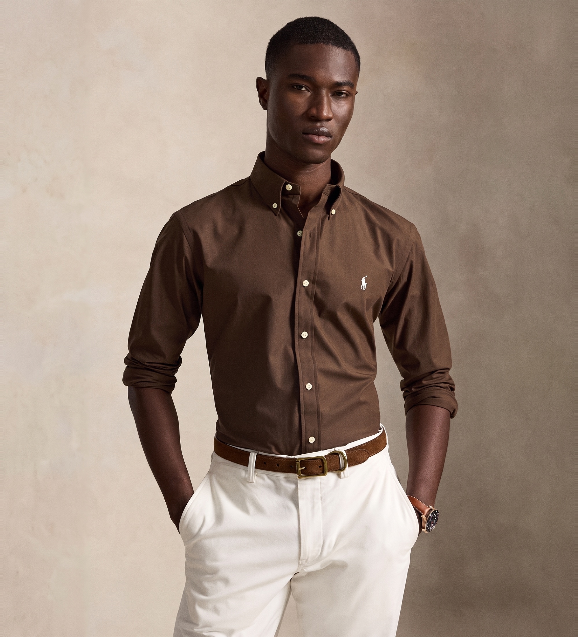Polo Ralph Lauren für Herren. 710929349505 Bügelfreies Popeline-Hemd Custom Fit braun (S), Lässig, Baumwolle, Langarm