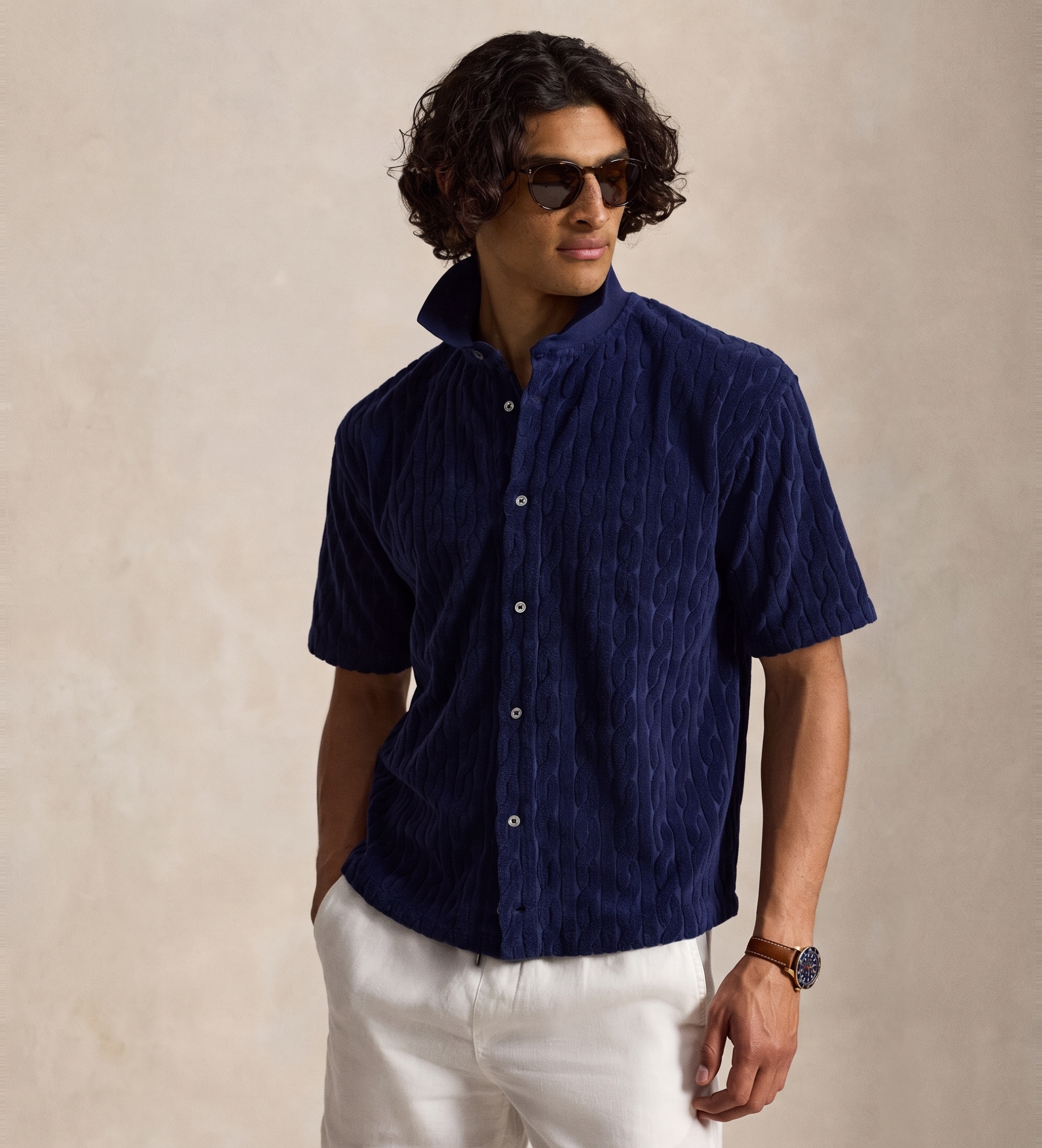 Polo Ralph Lauren für Herren. 710B19621001 Relaxed Marineblaues Zopfmuster-Frottee-Hemd (XL), Lässig, Baumwolle, Kurzarm