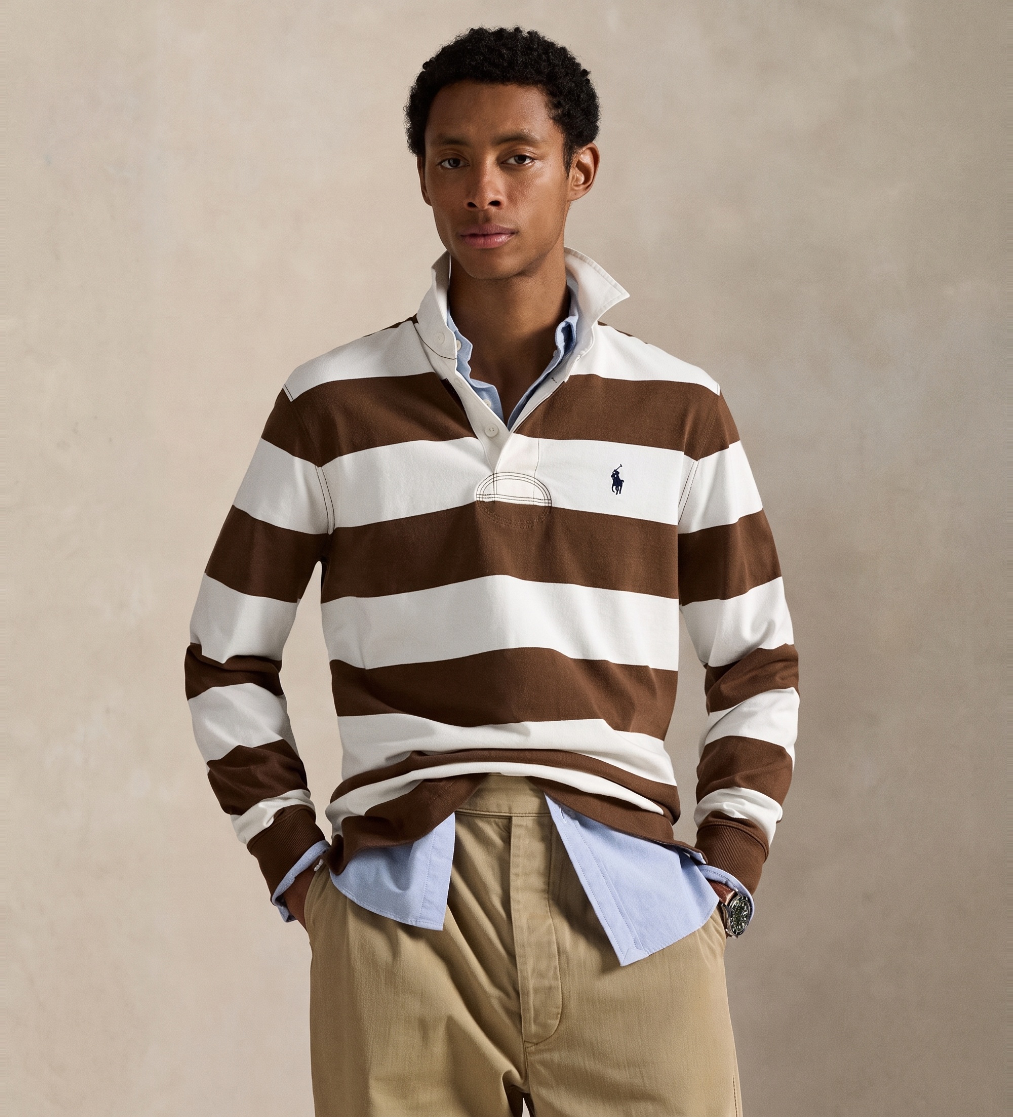 Polo Ralph Lauren für Herren. 710717116055 Ikonisches Rugby-Hemd braun (M), Lässig, Baumwolle, Langarm