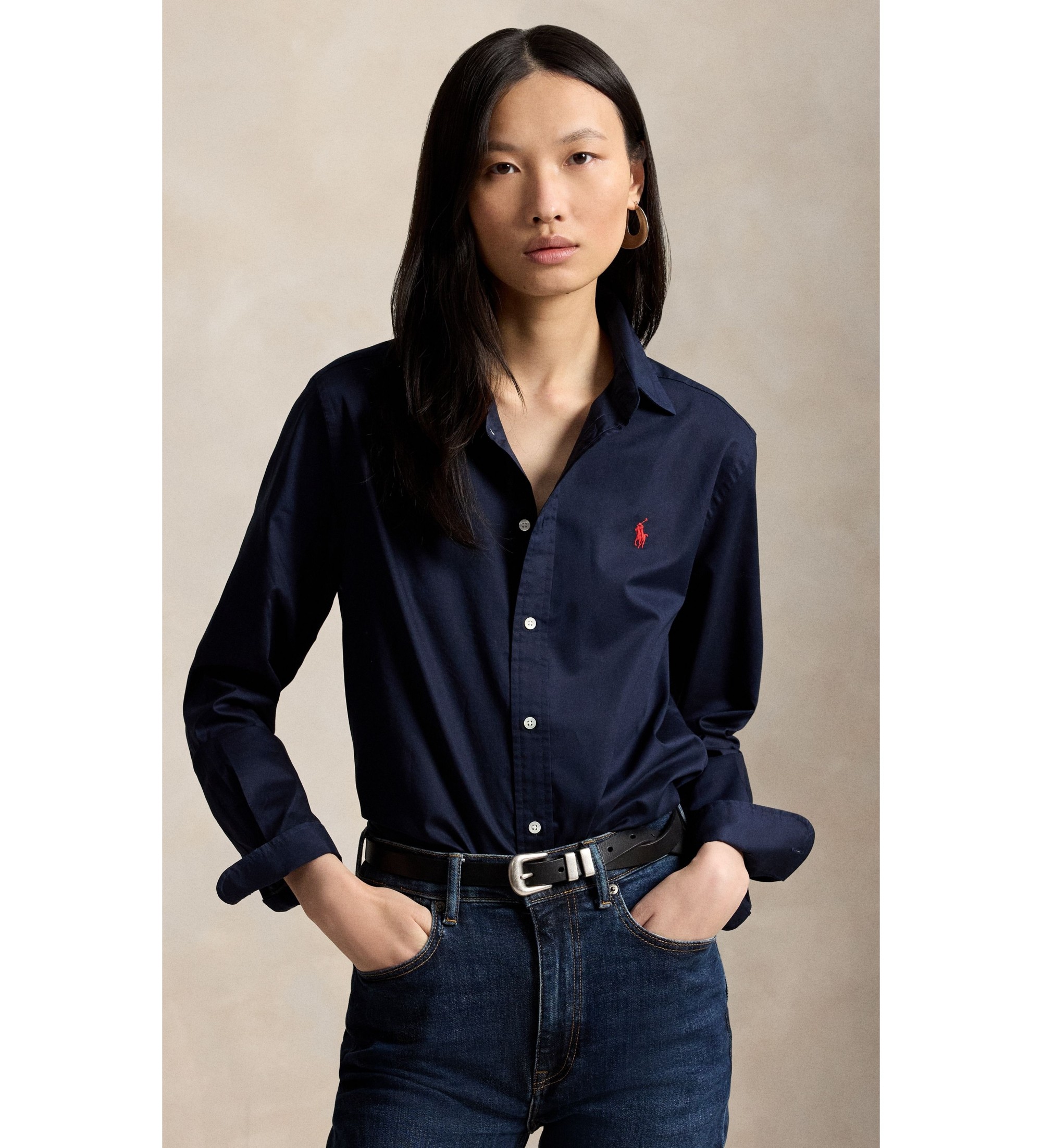 Polo Ralph Lauren für Damen. 211A92177014 Klassisches Fit marineblaues Hemd aus Baumwoll-Twill (M), Lässig, Baumwolle, Langarm