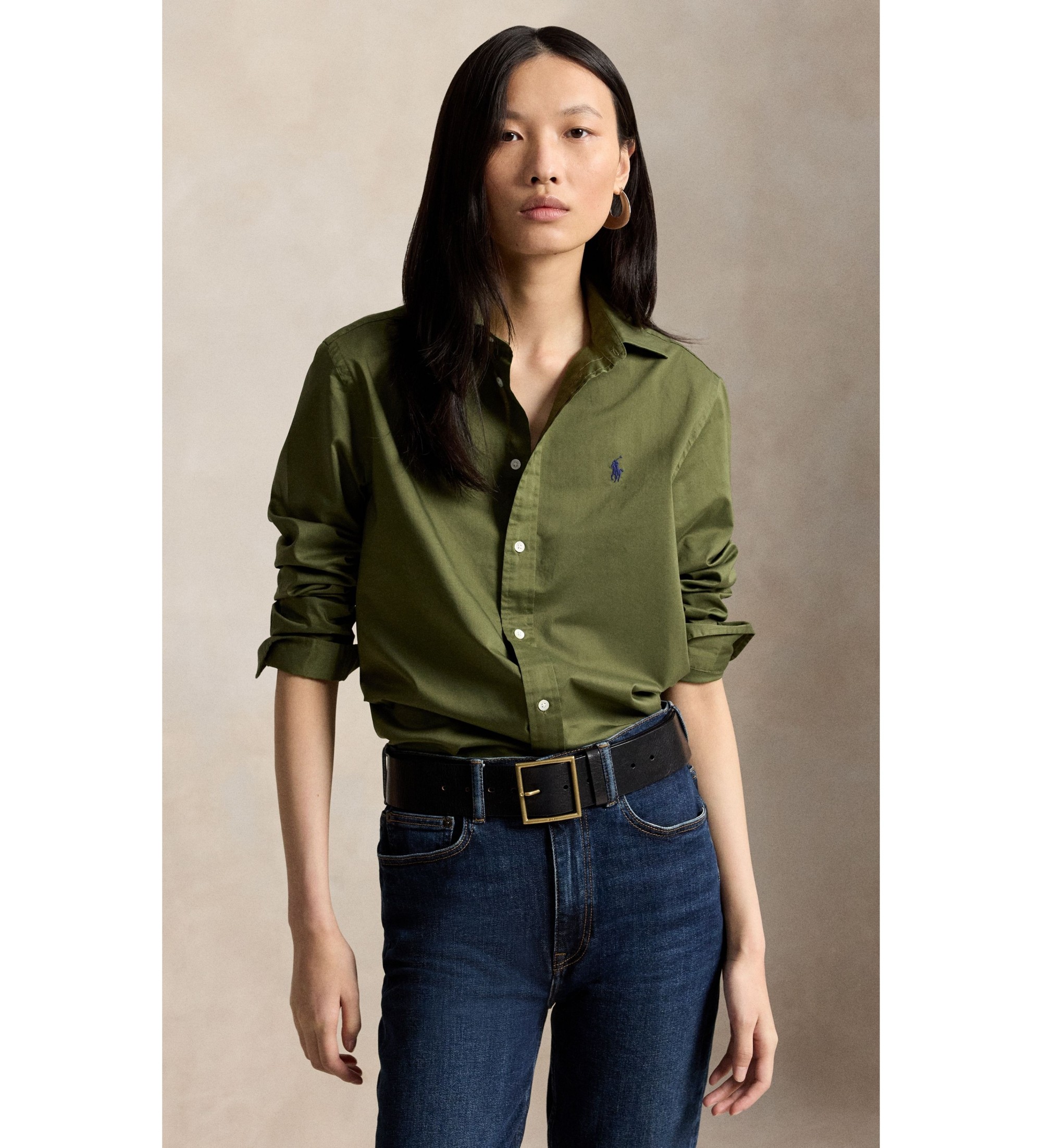 Polo Ralph Lauren für Damen. 211A92177015 Grünes Classic Fit Hemd aus Baumwoll-Twill (L), Lässig, Baumwolle, Klassisch, Langarm